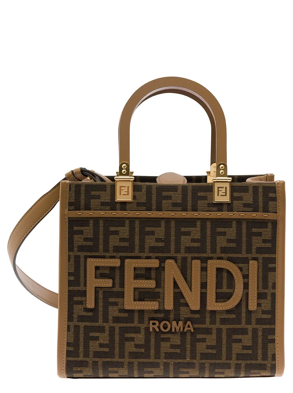 Braune Tote Bag "Sunshine Small" mit Logo aus FF Jacquard-Canvas und Leder Damen