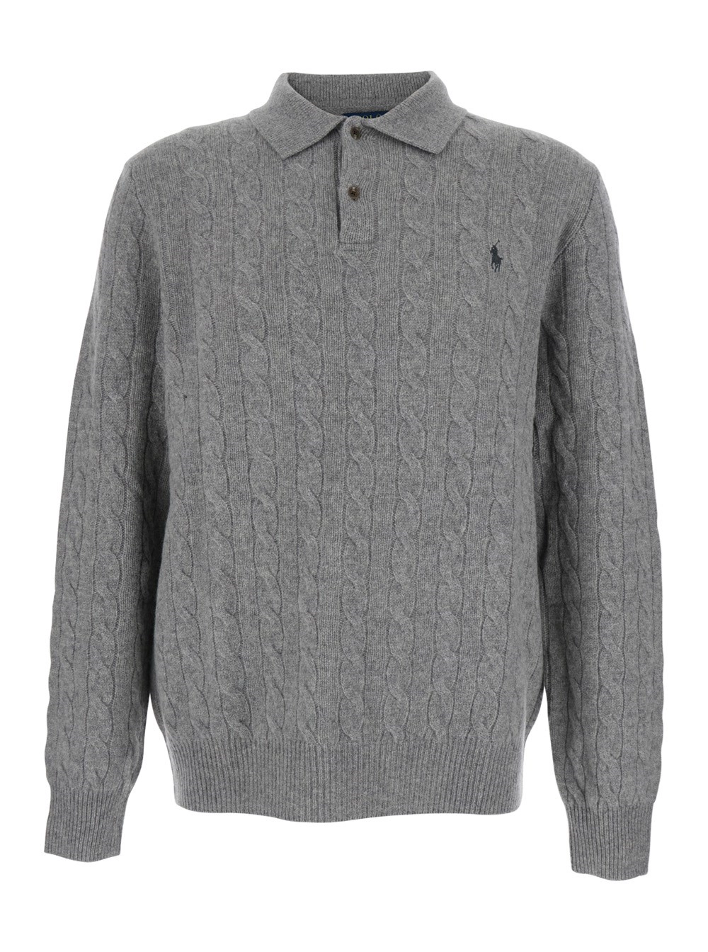 Grauer Pullover mit Kragen im Polohemdstil und Ponystickerei vorne aus Wolle und Kaschmir Herren