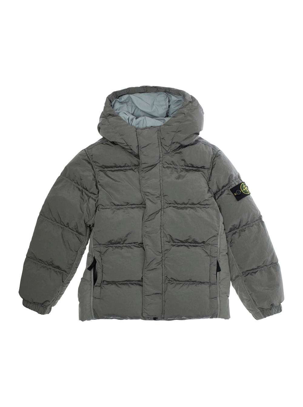 Graue Daunenjacke mit fester Kapuze und Logoaufnäher am Ärmel aus technischem Stoff Jungen