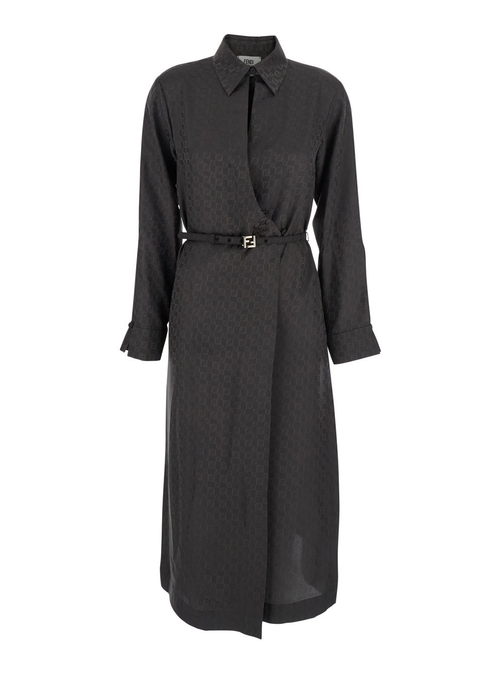 Schwarzes Kleid mit All-Over-FF-Motiv und Gürtel mit Plakette in der Taille aus Seide Damen