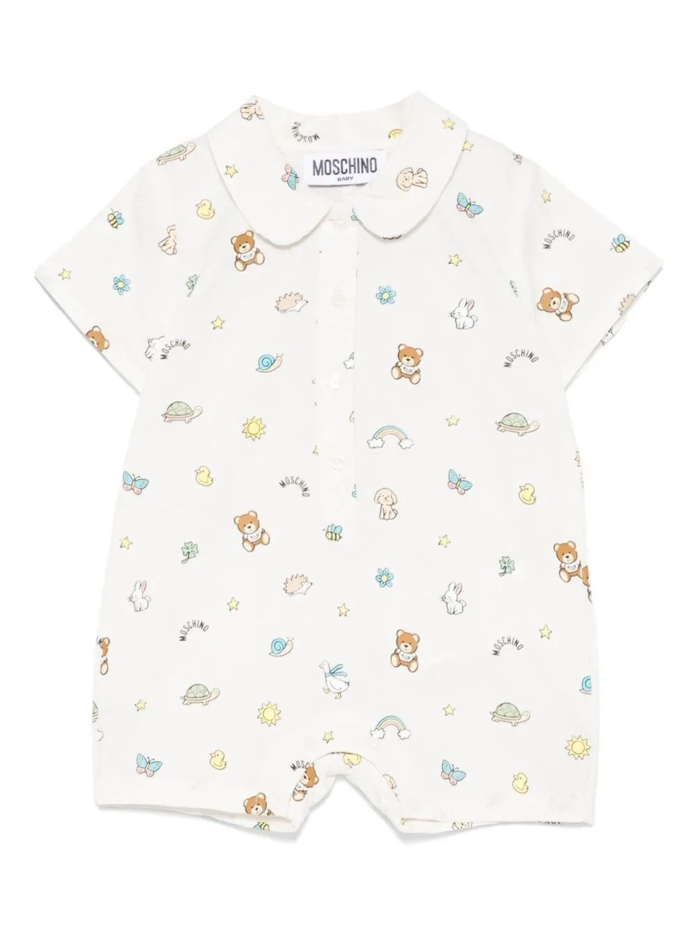 Weißer Einteiler mit Peter Pan-Kragen und All-Ove-Grafikdruck aus Baumwolle Baby