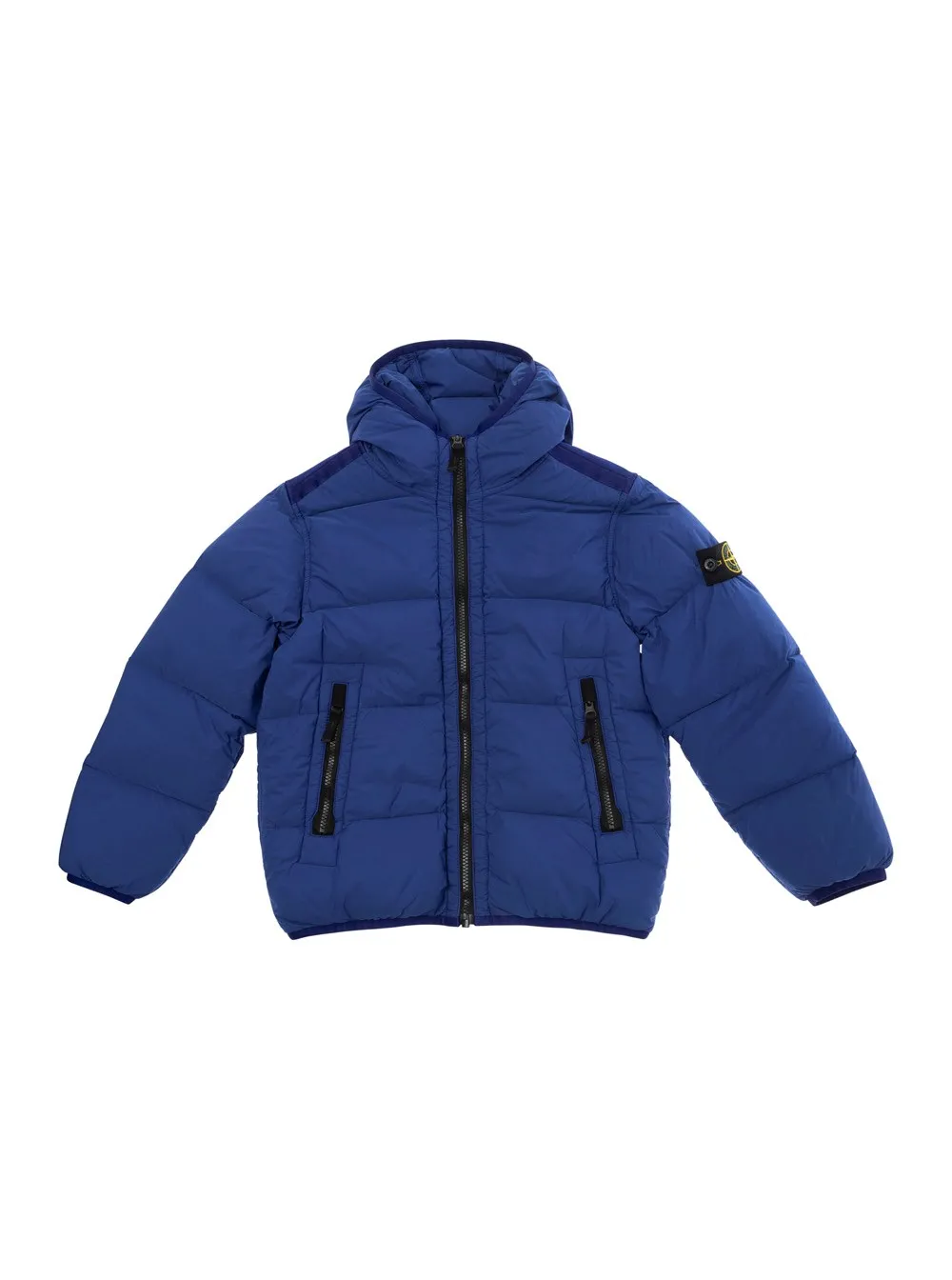 Blaue Daunenjacke mit Kapuze und Logoaufnäher aus Polyamid Jungen