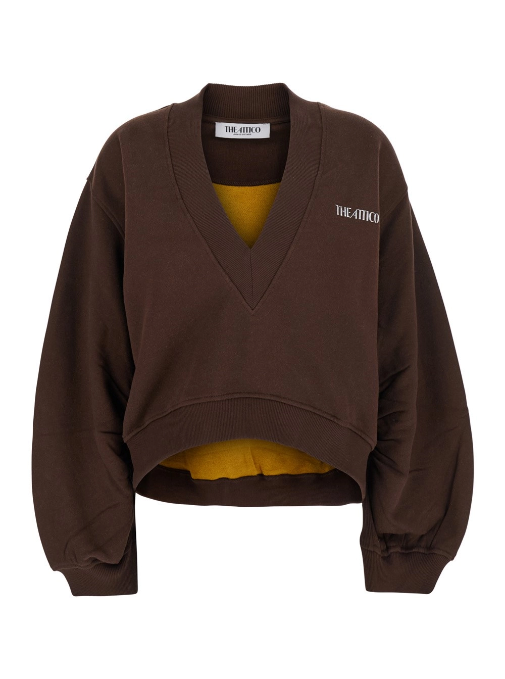 Braunes Cropped-Sweatshirt mit V-Ausschnitt und Logoschriftzug vorne aus Baumwolle Damen