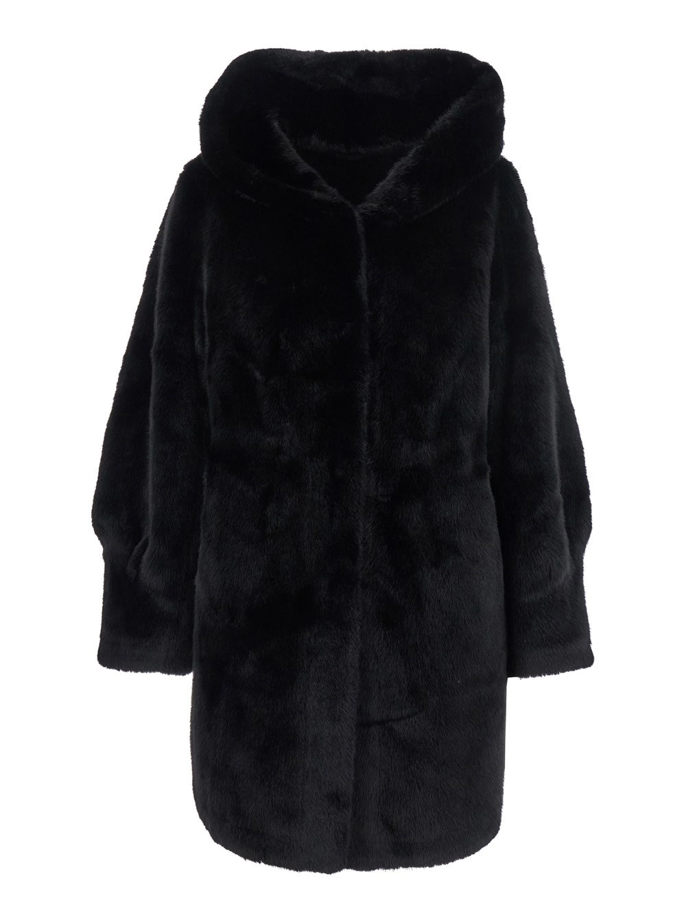 Schwarze Pelzjacke "Lisa" mit Kapuze und verdecktem Verschluss vorne aus Ökopelz Damen