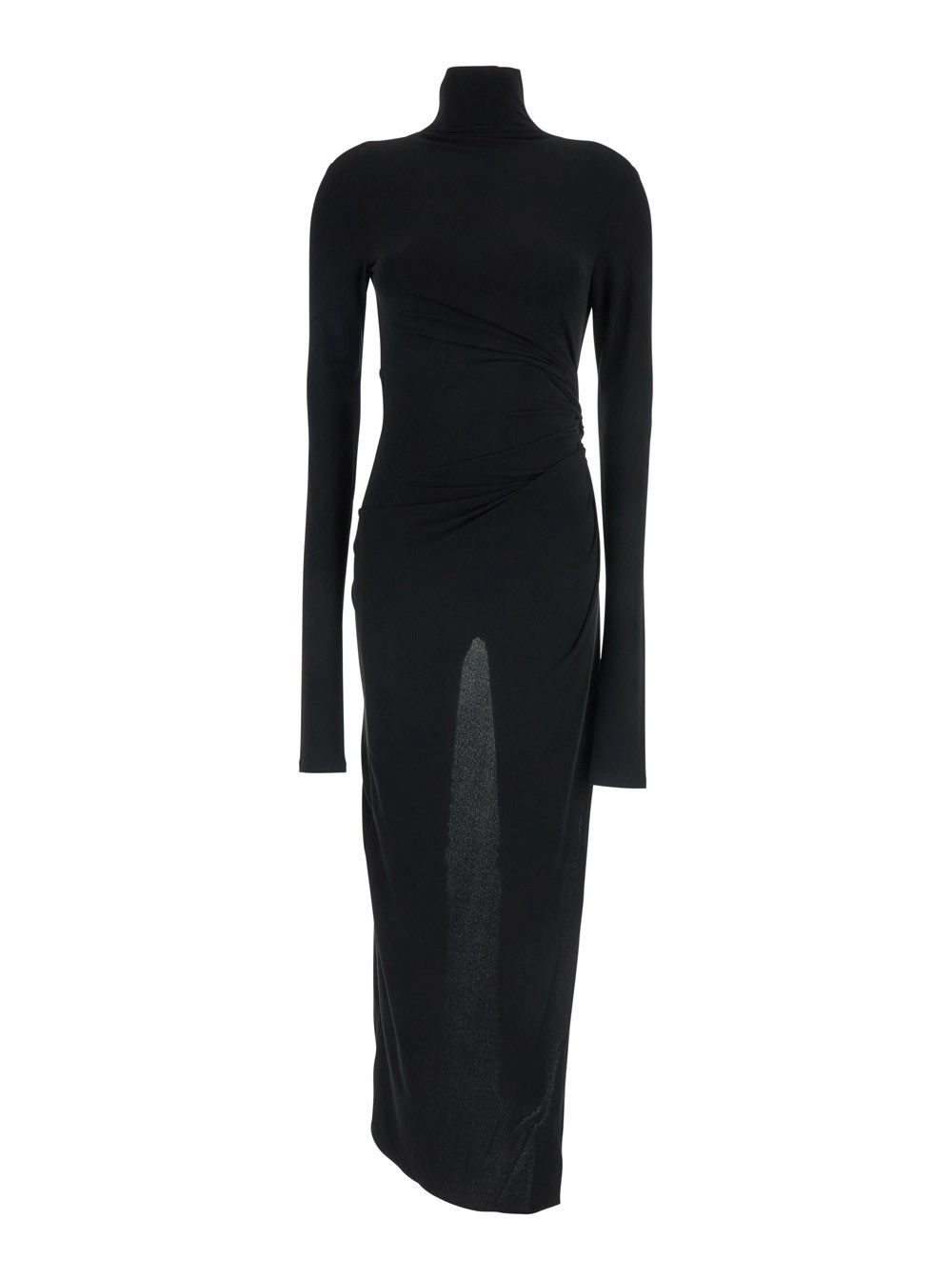 Schwarzes langes Kleid mit Stehkragen und Cut-Out hinten aus Stoff Damen