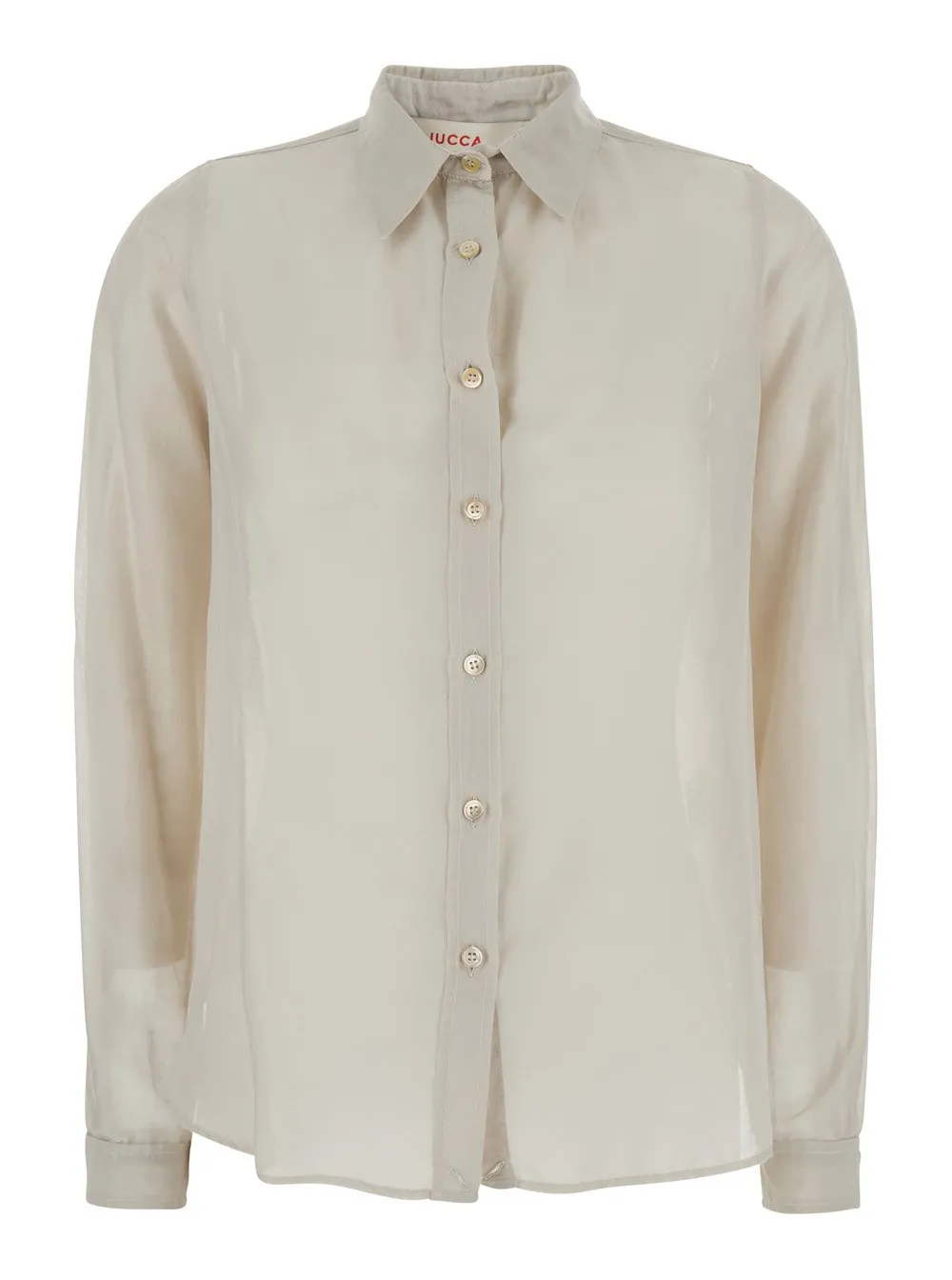 Beigefarbenes Hemd mit klassischem Kragen und Knopfverschluss aus Baumwolle und Seidenmischung Damen