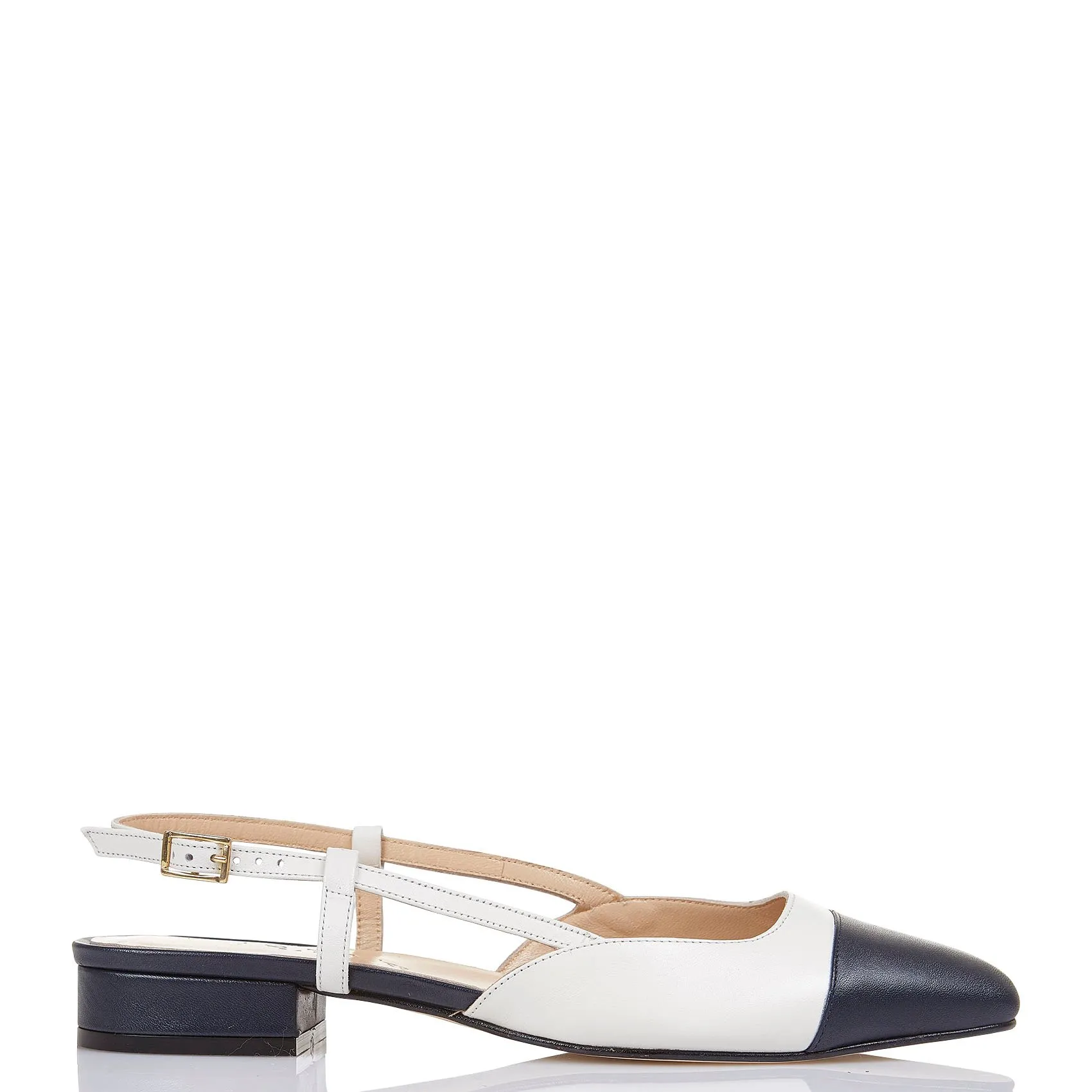 Zweifarbige Riemchenschuhe aus Leder mit niedrigem Absatz Blau