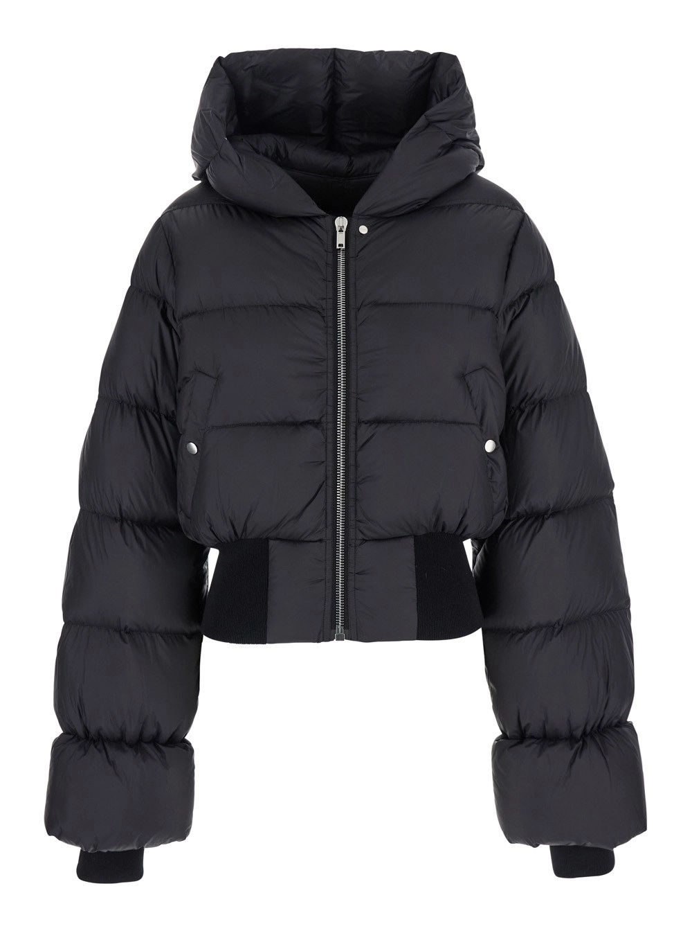 Schwarze Daunenjacke mit Crop-Design und fester Kapuze aus technischem Stoff Damen