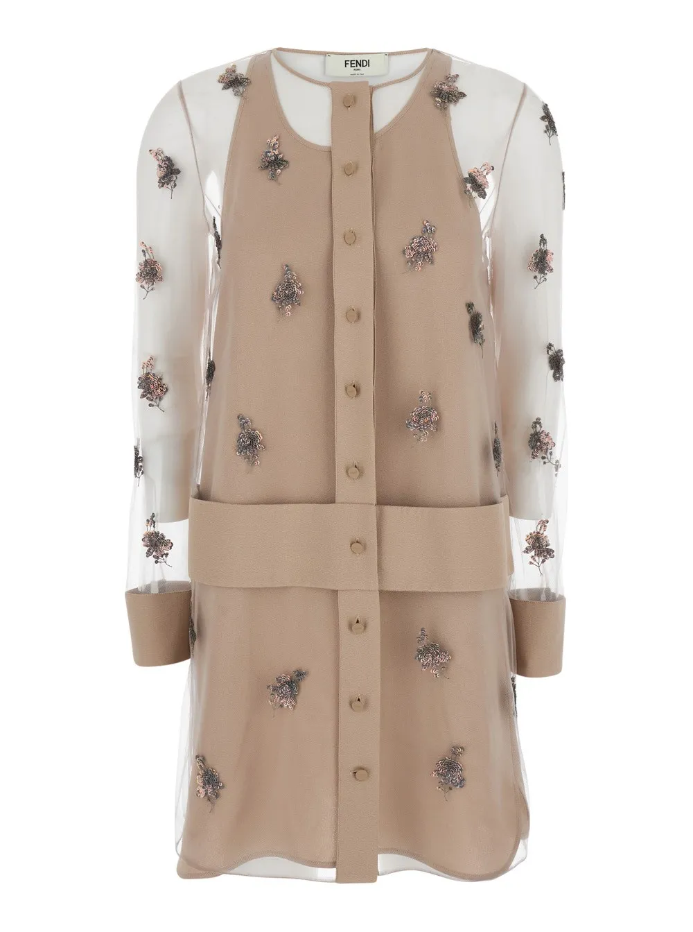 Kurzes Kleid für Damen aus Tech-Stoff in Rosa mit Rundhalsausschnitt und Strass-Blumenstickerei