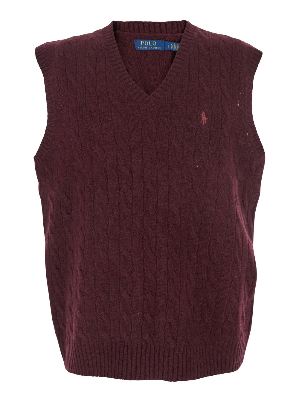 Ärmellose Weste für Herren aus Wolle und Kaschmir in Bordeaux mit V-Ausschnitt und Pony-Stickerei vorne