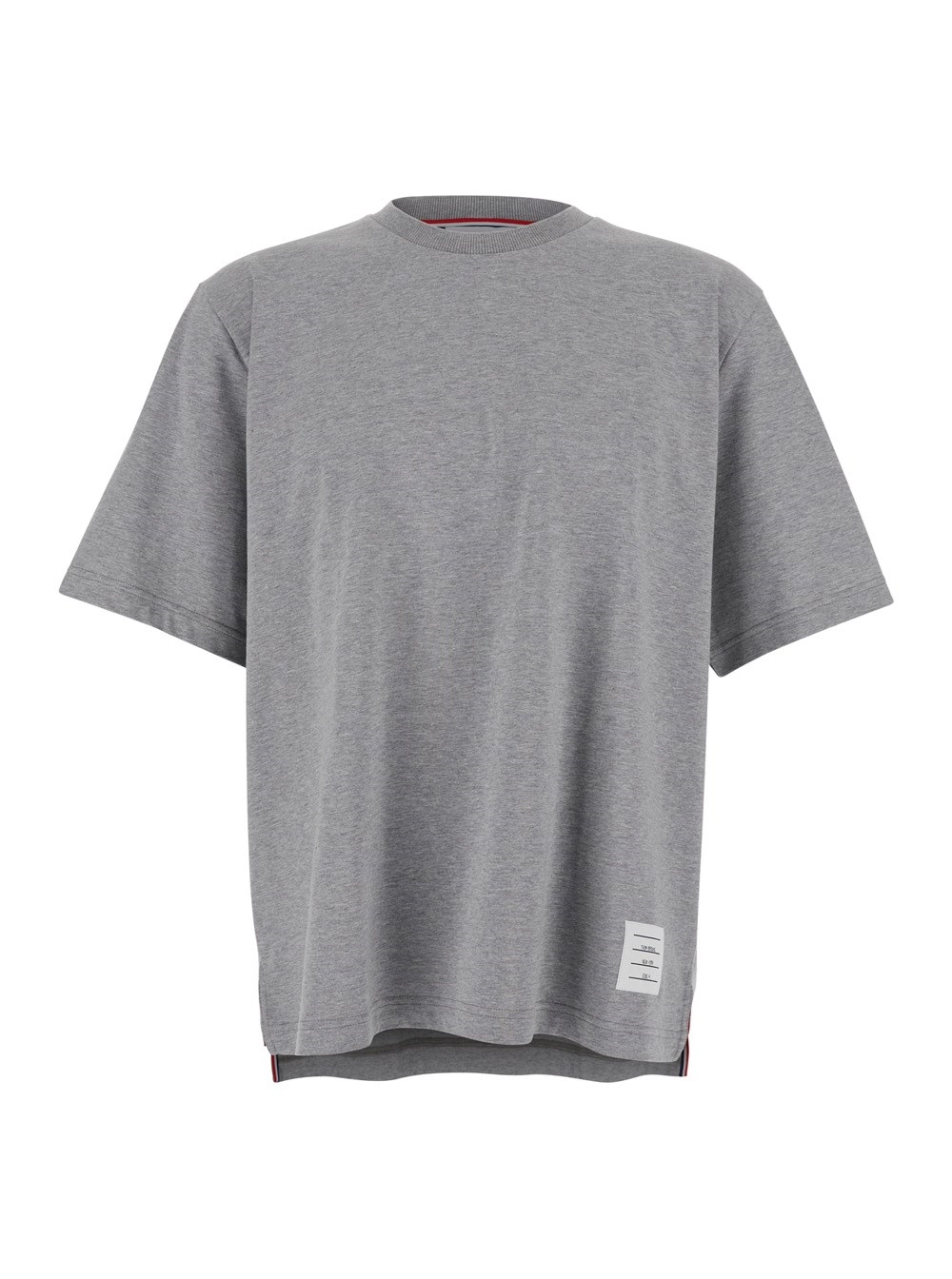 Graues T-Shirt mit Rundhalsausschnitt, Logoaufnäher vorne und Streifendetail hinten aus Baumwolle Herren