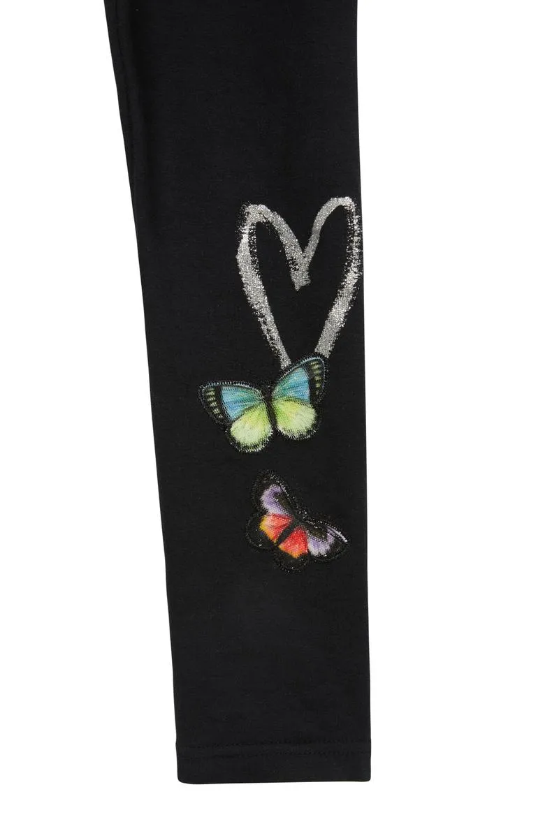 Leggings mit Schmetterlings-Applikation und Glitzer, schwarz