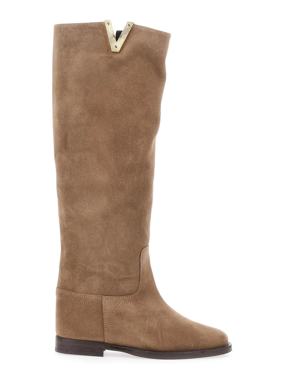 Beige kniehohe Stiefel mit Cut-Out an der Seite und Logoplakette aus Wildleder Damen