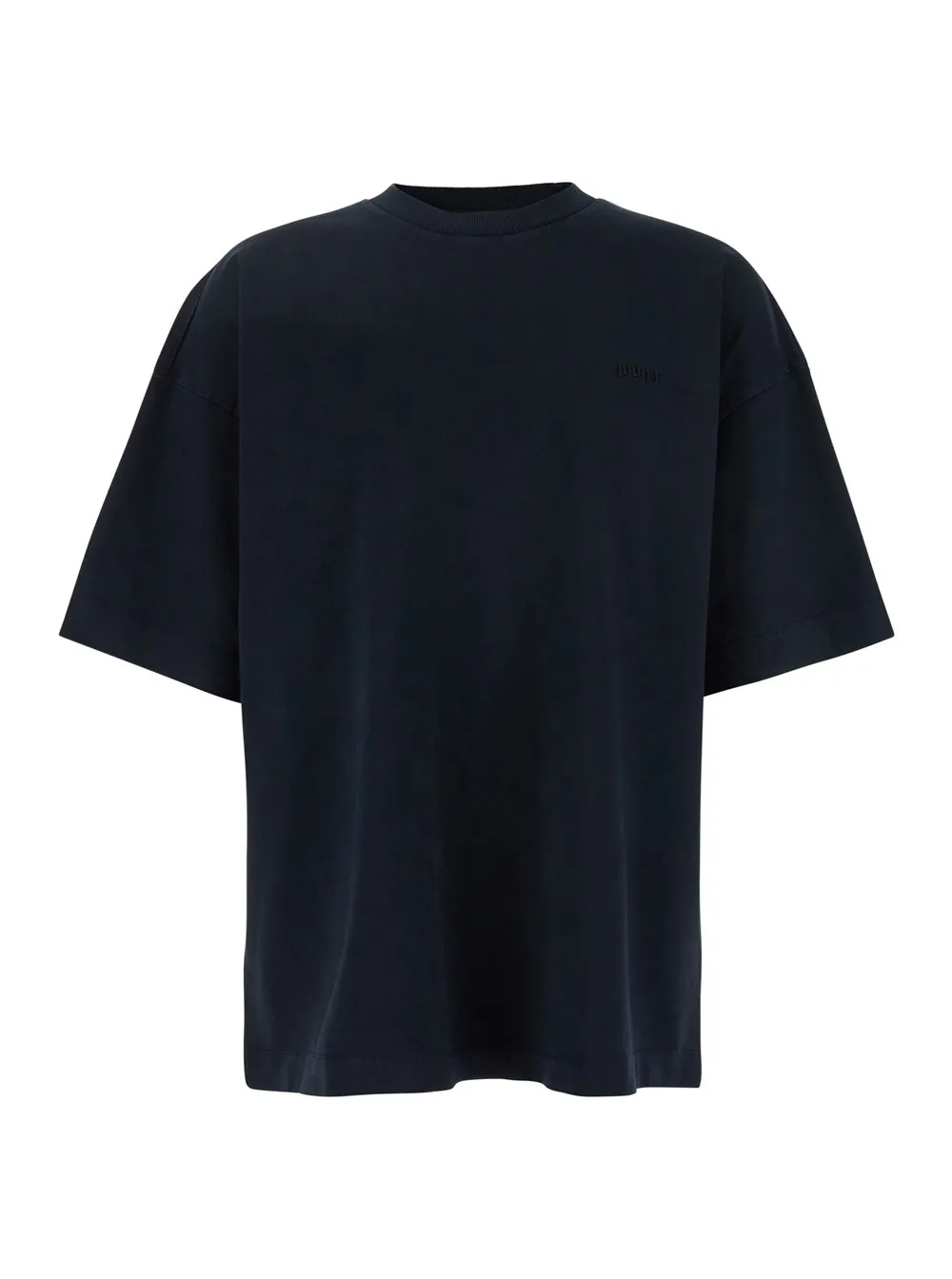 Blaues T-Shirt mit Logostickerei auf der Vorderseite und Druck auf der Rückseite aus Baumwolle Herren