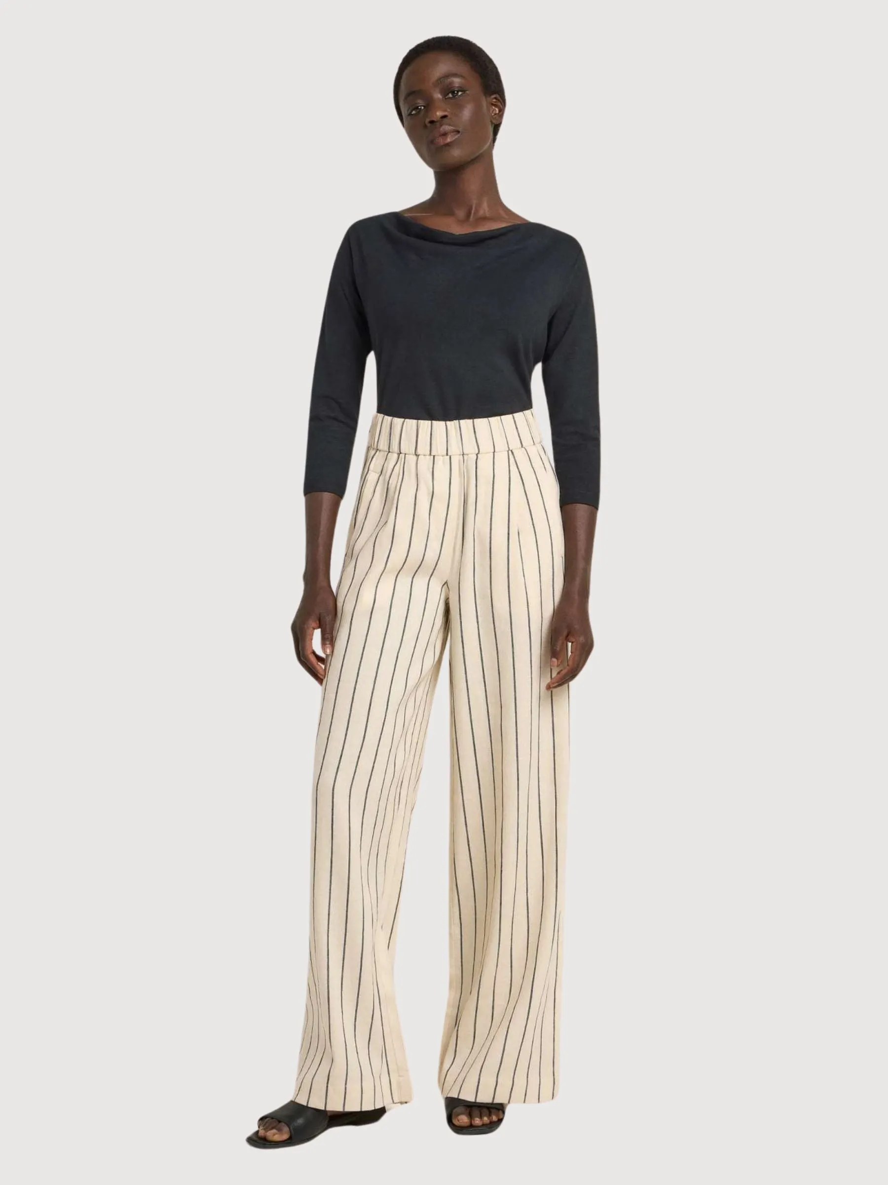 Cream/Black Striped Pants in Organic Linen and Cotton | Lanius