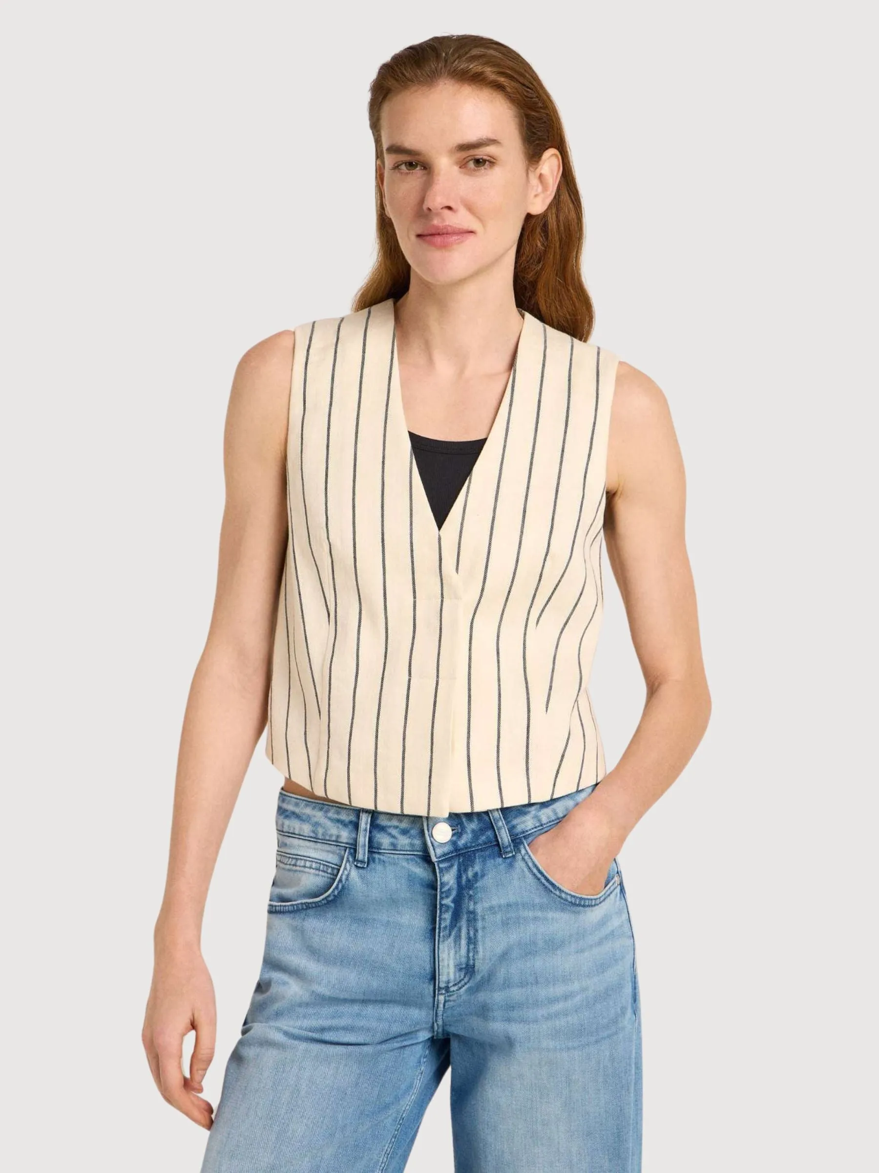Vest Stripes Creme Black Woman Linen | Lanius