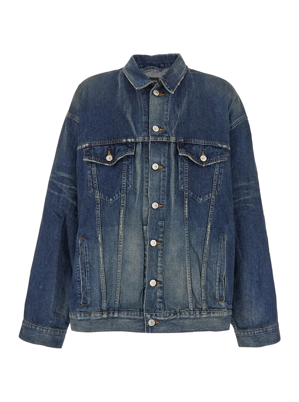 Blaue Jacke mit klassischem Kragen und Maxi-Logodruck auf der Rückseite aus Denim Herren