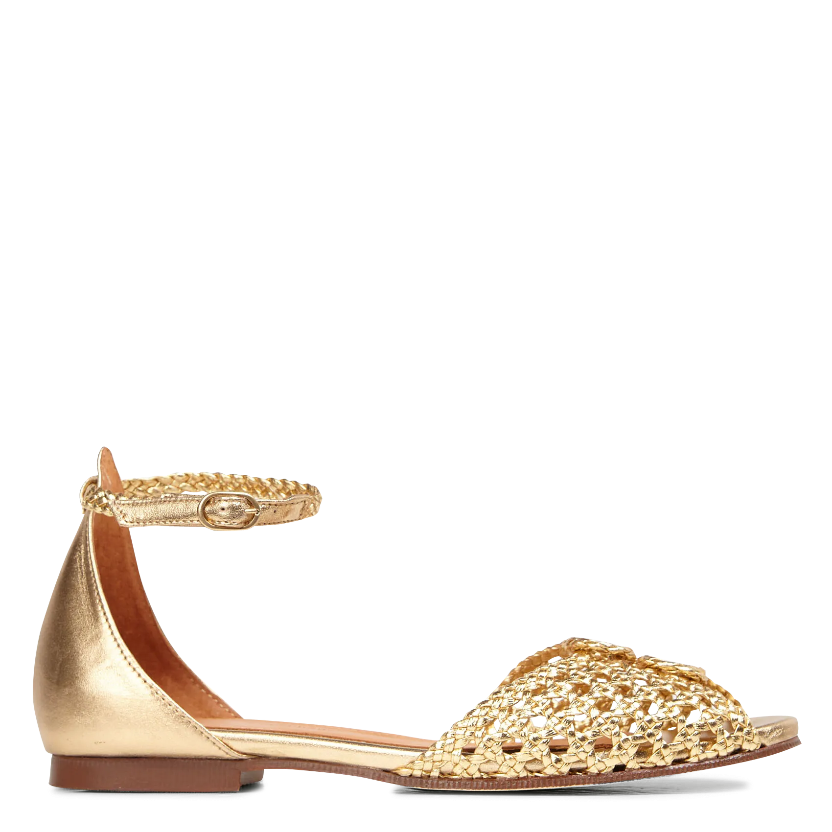 Flache Metallic-Ledersandalen mit vielen Flechtriemchen Golden LUCY 10