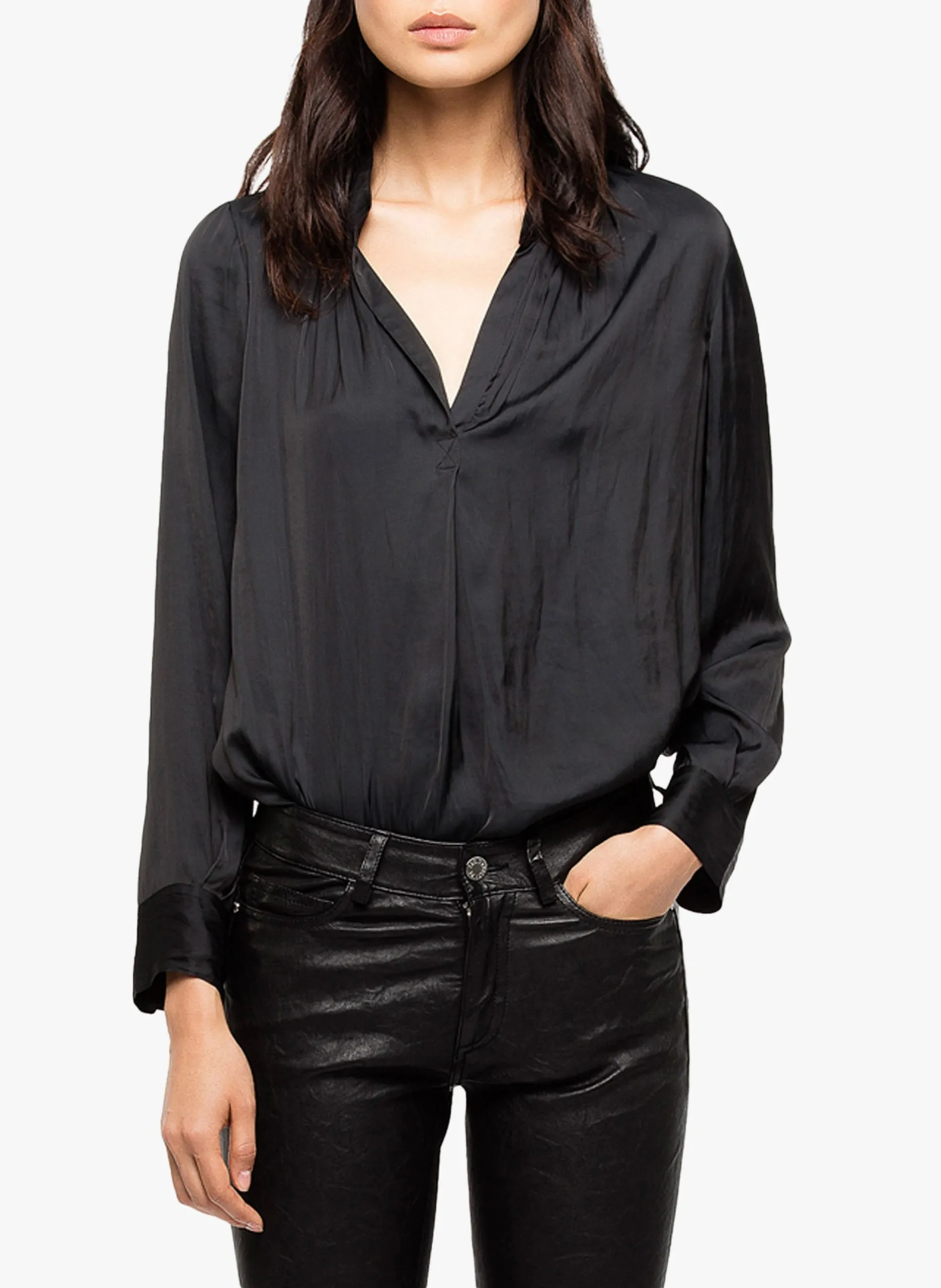 Top mit fließendem Satin-V-Ausschnitt Schwarz TINK