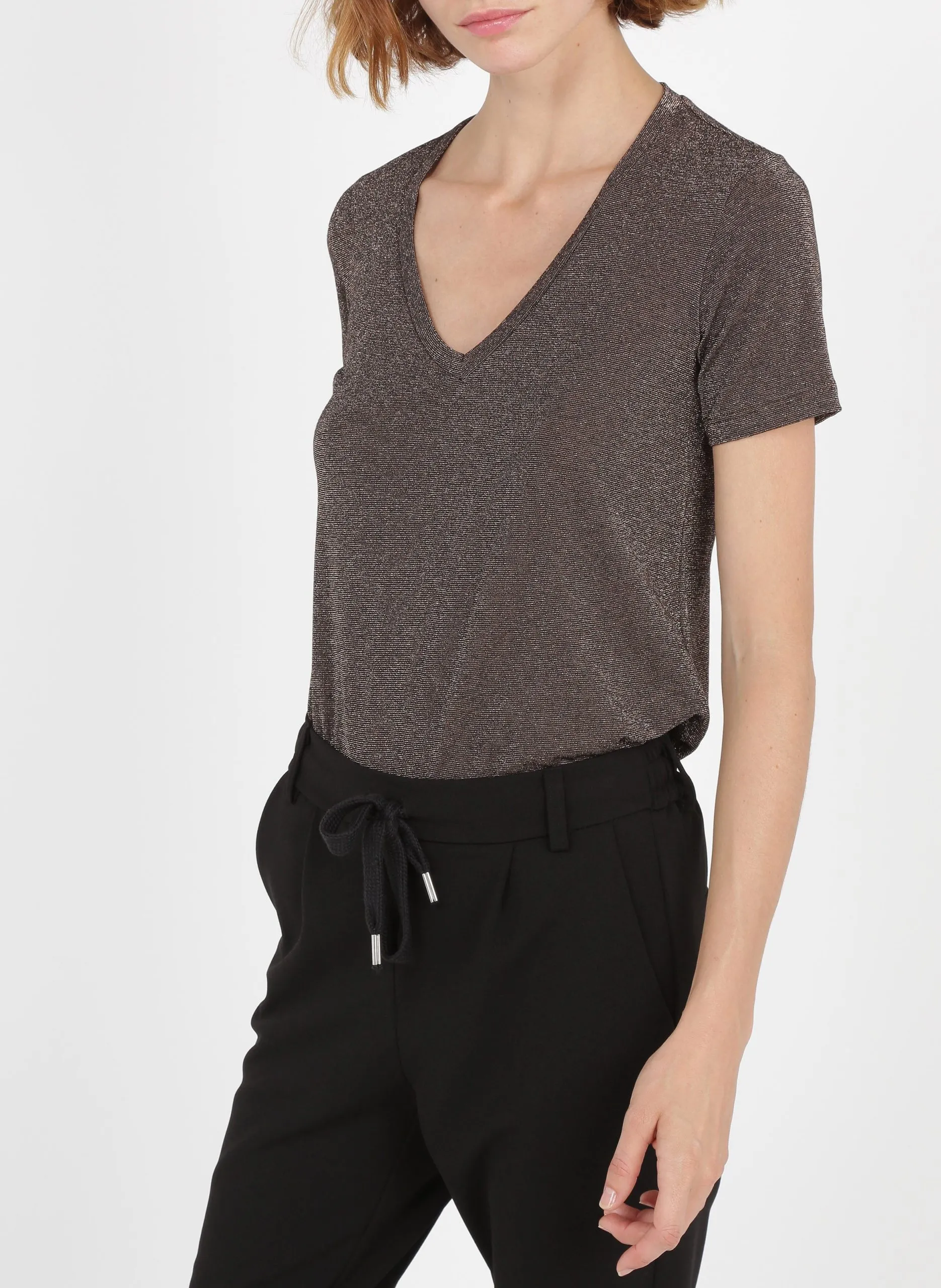 T-Shirt aus Metallic-Fasern mit V-Ausschnitt Grun