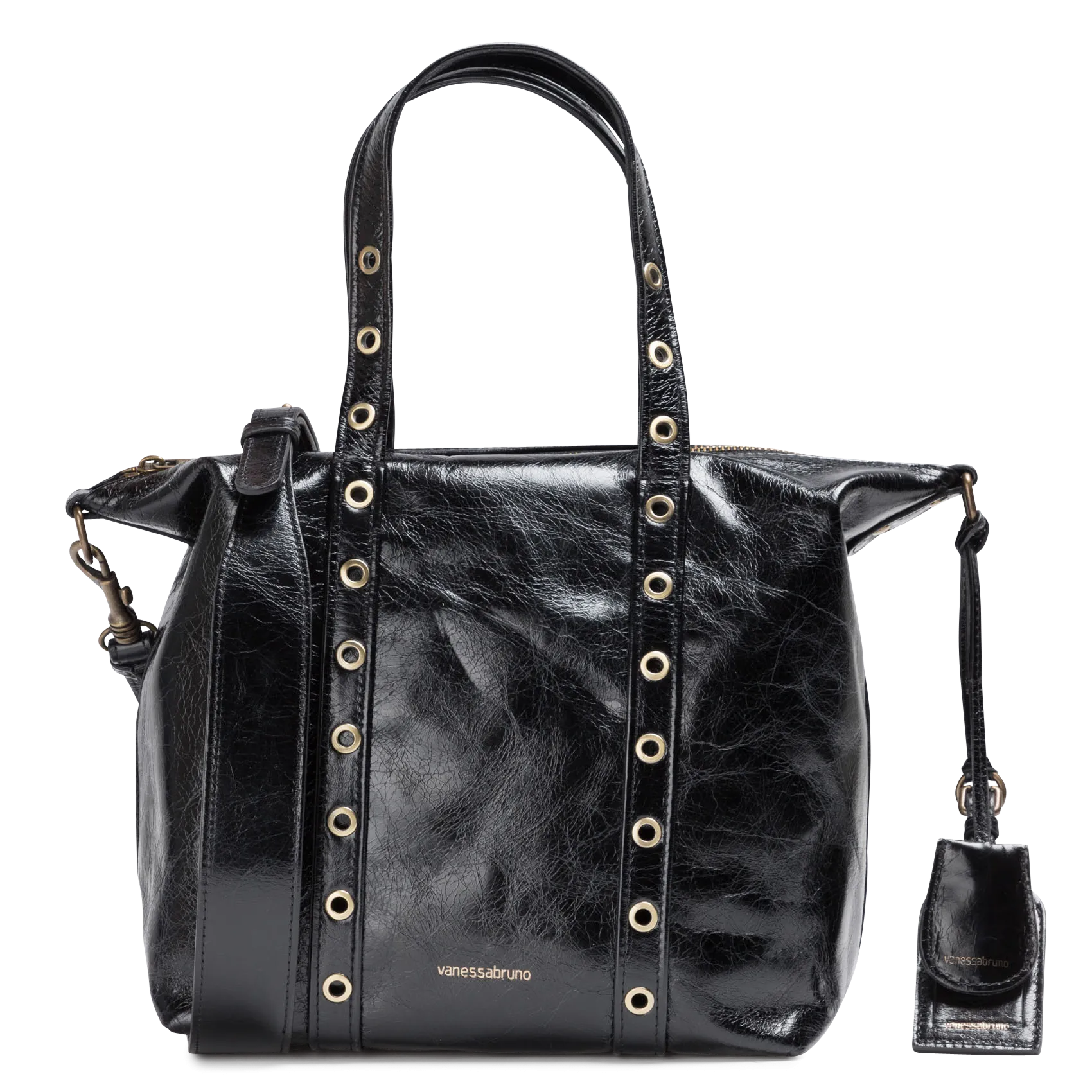 Kleine Tasche mit Ösen aus Craquelé-Leder Schwarz ZIPPY PM