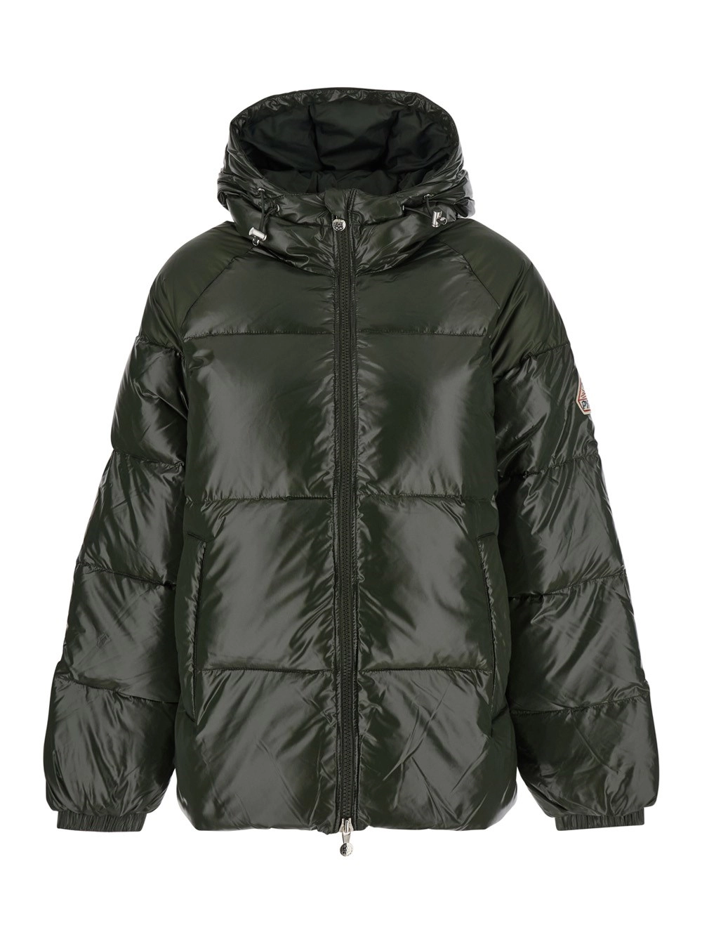 Daunenjacke "Sten" in Grün mit Kapuze mit Kordelzug und Logoaufnäher aus technischem Stoff Unisex