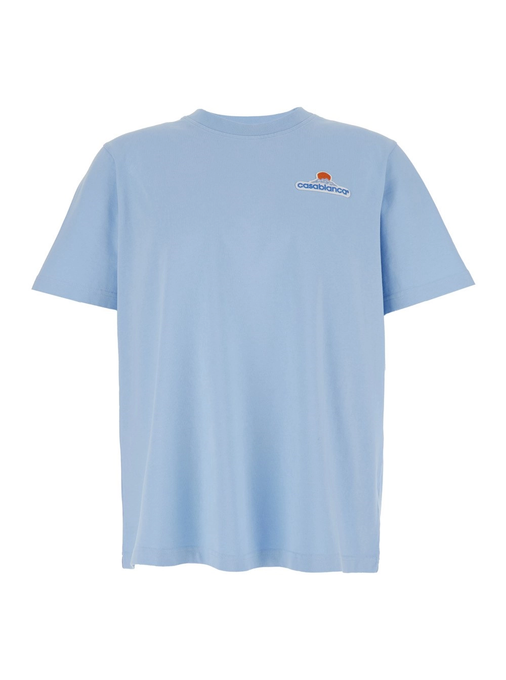 Hellblaues T-Shirt mit Rundhalsausschnitt und Logostickerei auf der Vorderseite aus Baumwolle Herren