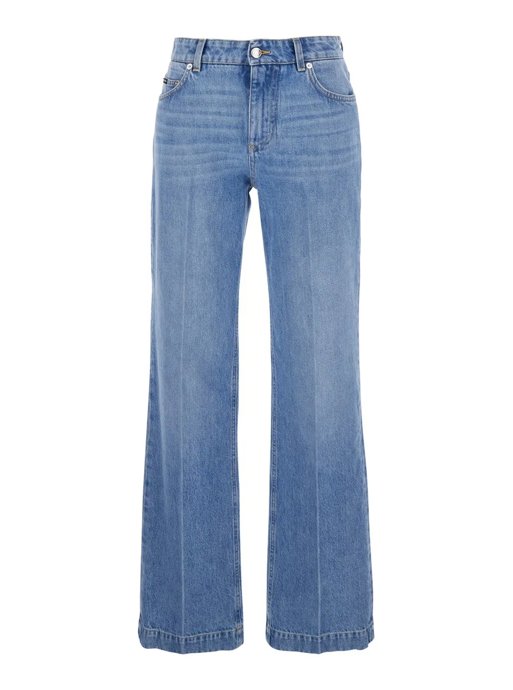 Blaue Five-Pocket-Jeans mit metallischem Logoaufnäher auf der Rückseite aus Denim Damen