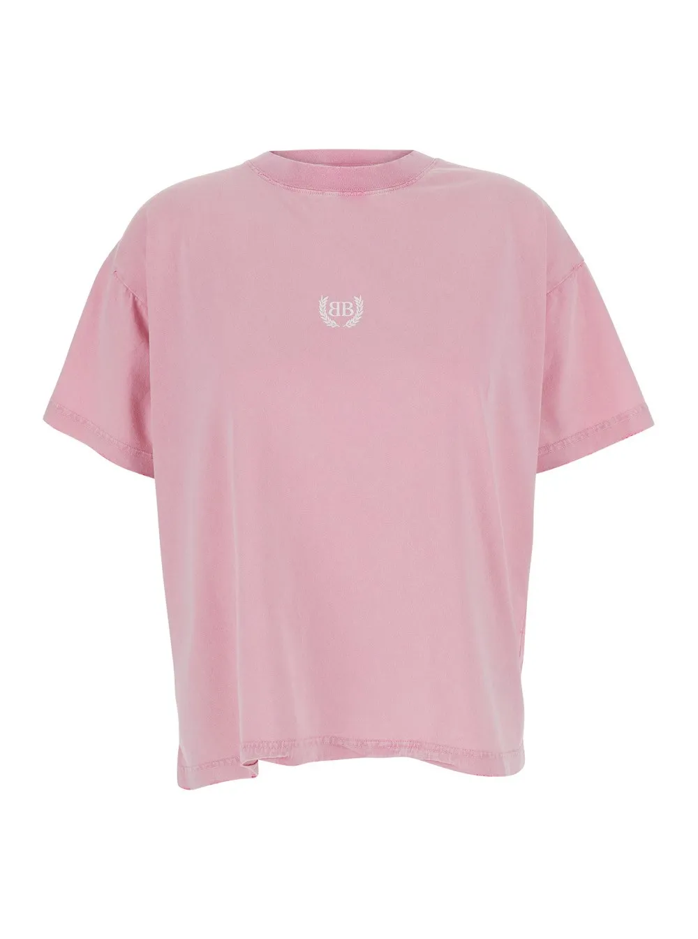 T-Shirt für Damen aus Baumwolle in Rosa mit Rundhalsausschnitt, überschnittenen Schultern und Logodetail vorne