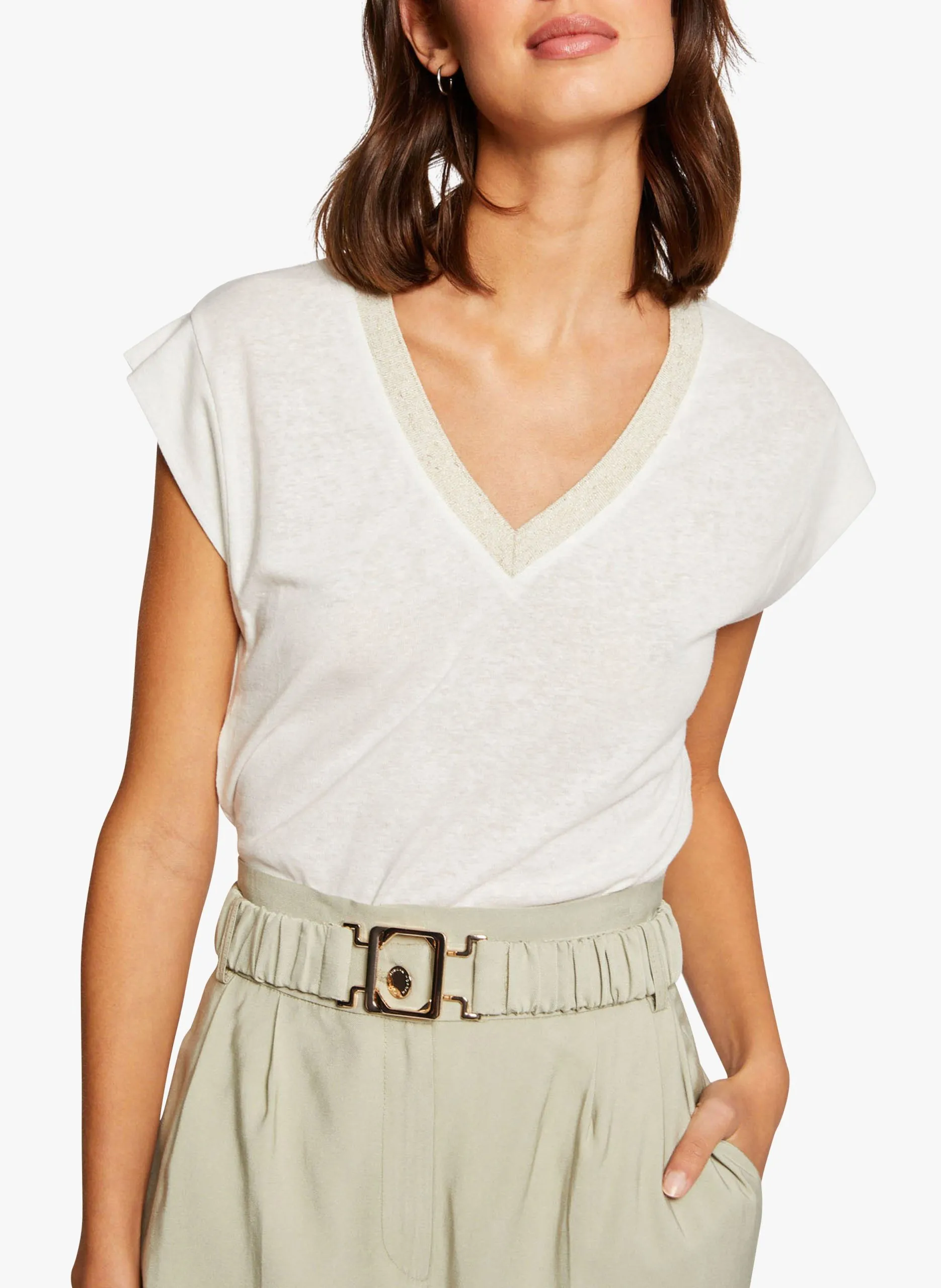 T-Shirt aus Leinen-Mix mit V-Ausschnitt Beige 221-DAME