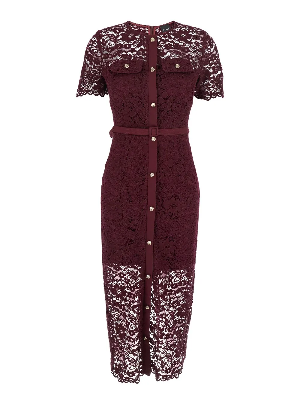 Bordeaux Kleid mit Rundhalsausschnitt und All-over Spitzenstickerei aus Baumwollmischung Damen