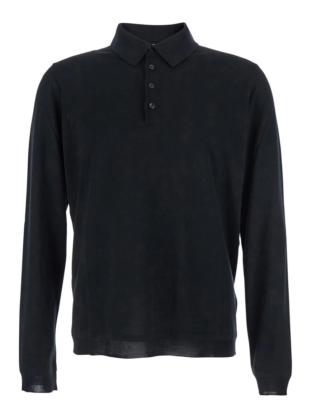 Schwarzes Polohemd mit langen Ärmeln und klassischem Kragen aus Wolle Herren