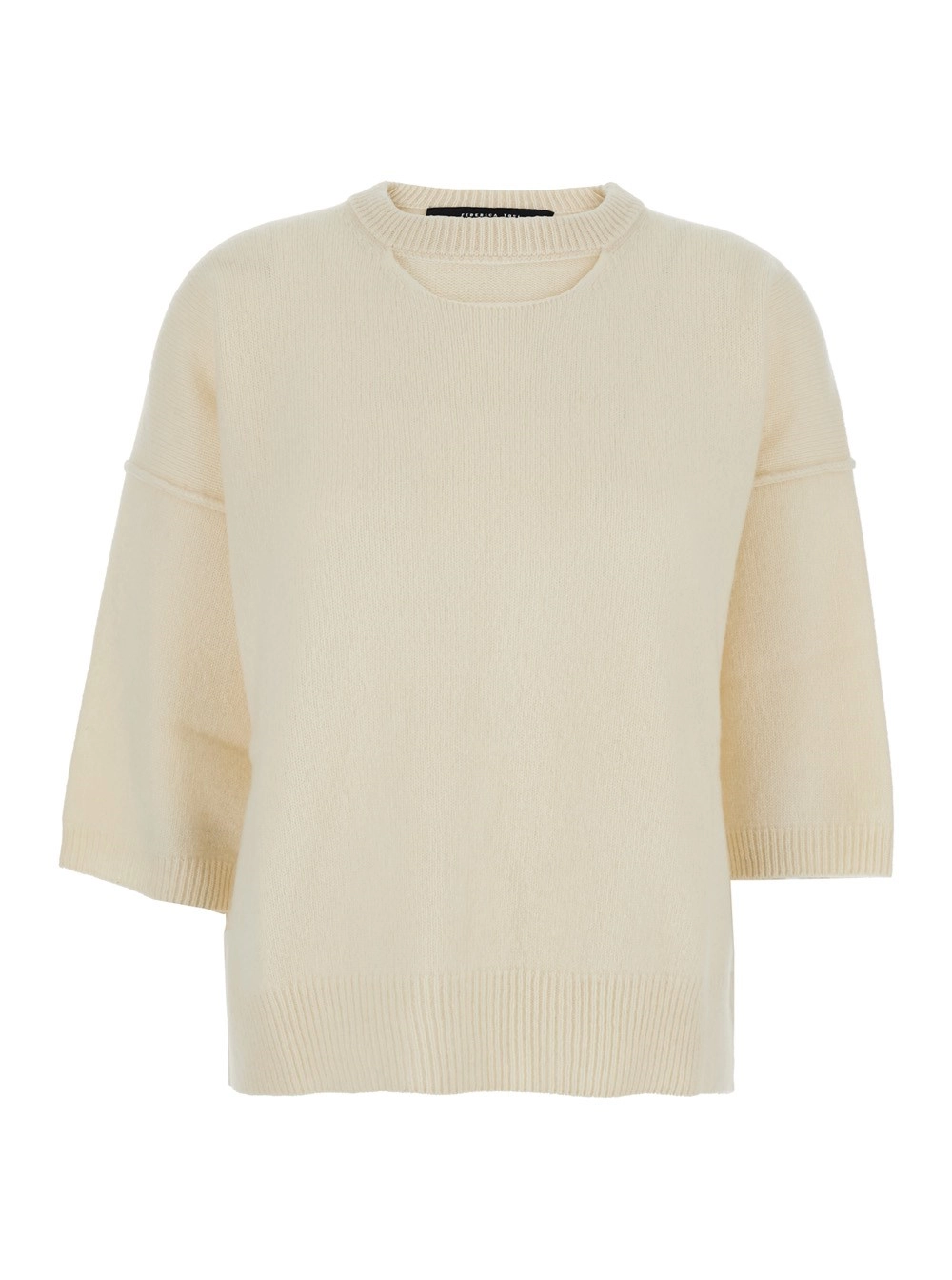 Weißer Pullover mit überschnittener Schulter und Dreiviertelärmeln aus Woll- und Kaschmirmischung Damen