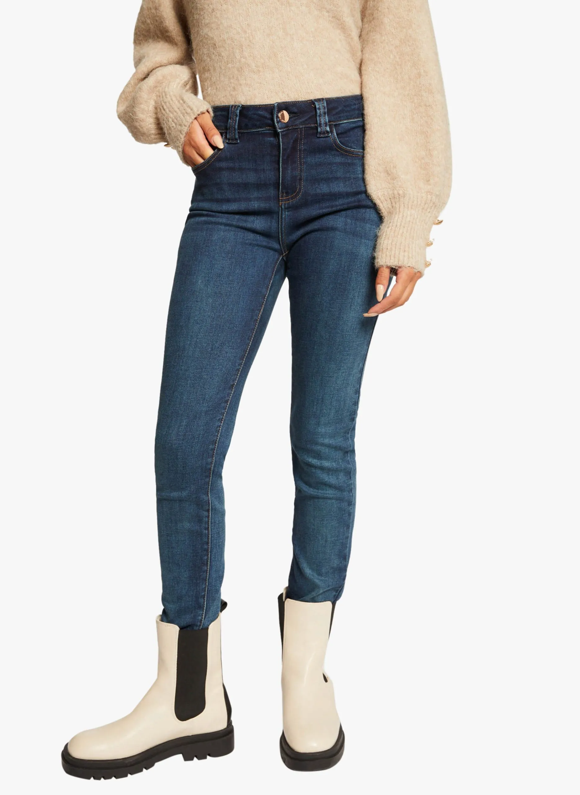 High Waist Slim Fit Jeans in Stone-Washed-Optik Blau 231-POMS