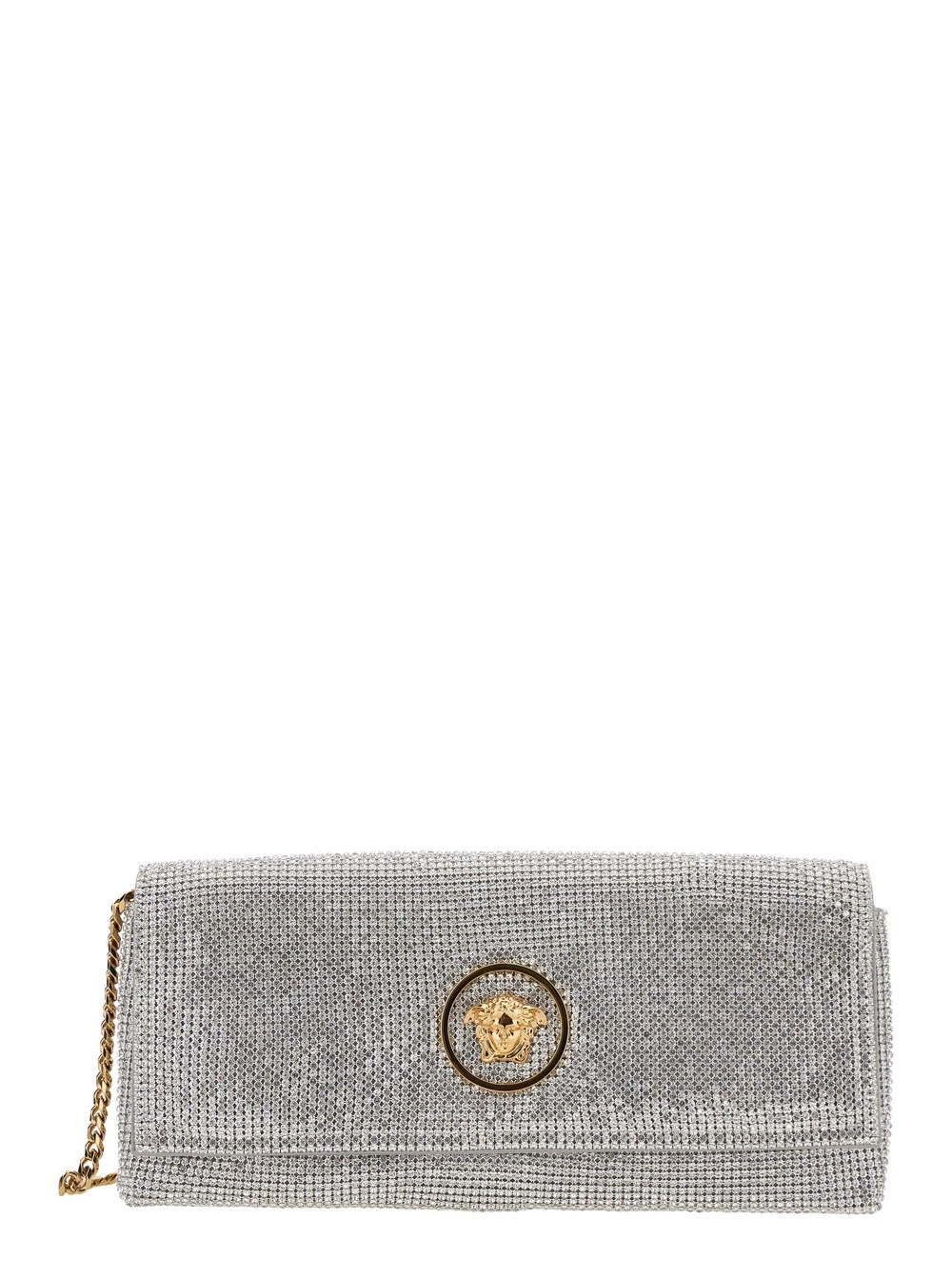 Silberfarbene Clutch mit Medusa-Plakette vorne und All-Over-Strasssteinen aus Metall Damen