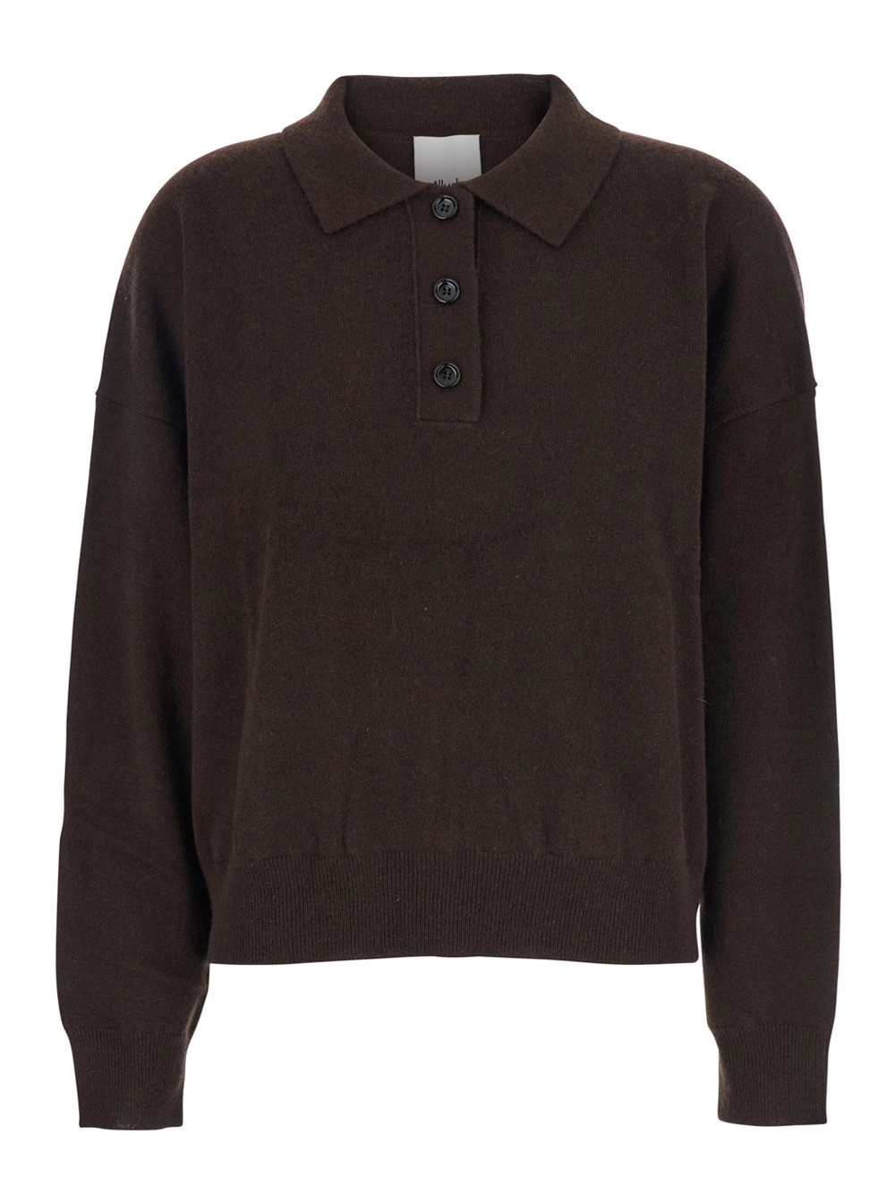 Braunes Polohemd mit klassischem Kragen und gerippten Besätzen aus Wolle Damen