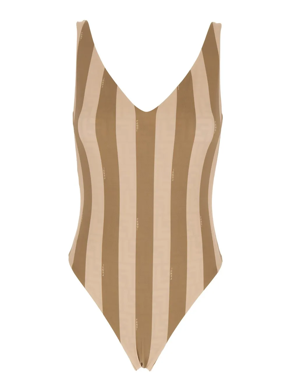 Beigefarbener wendbarer Badeanzug mit V-Ausschnitt und All-Over Streifenmotiv aus technischem Stoff Stretch Damen