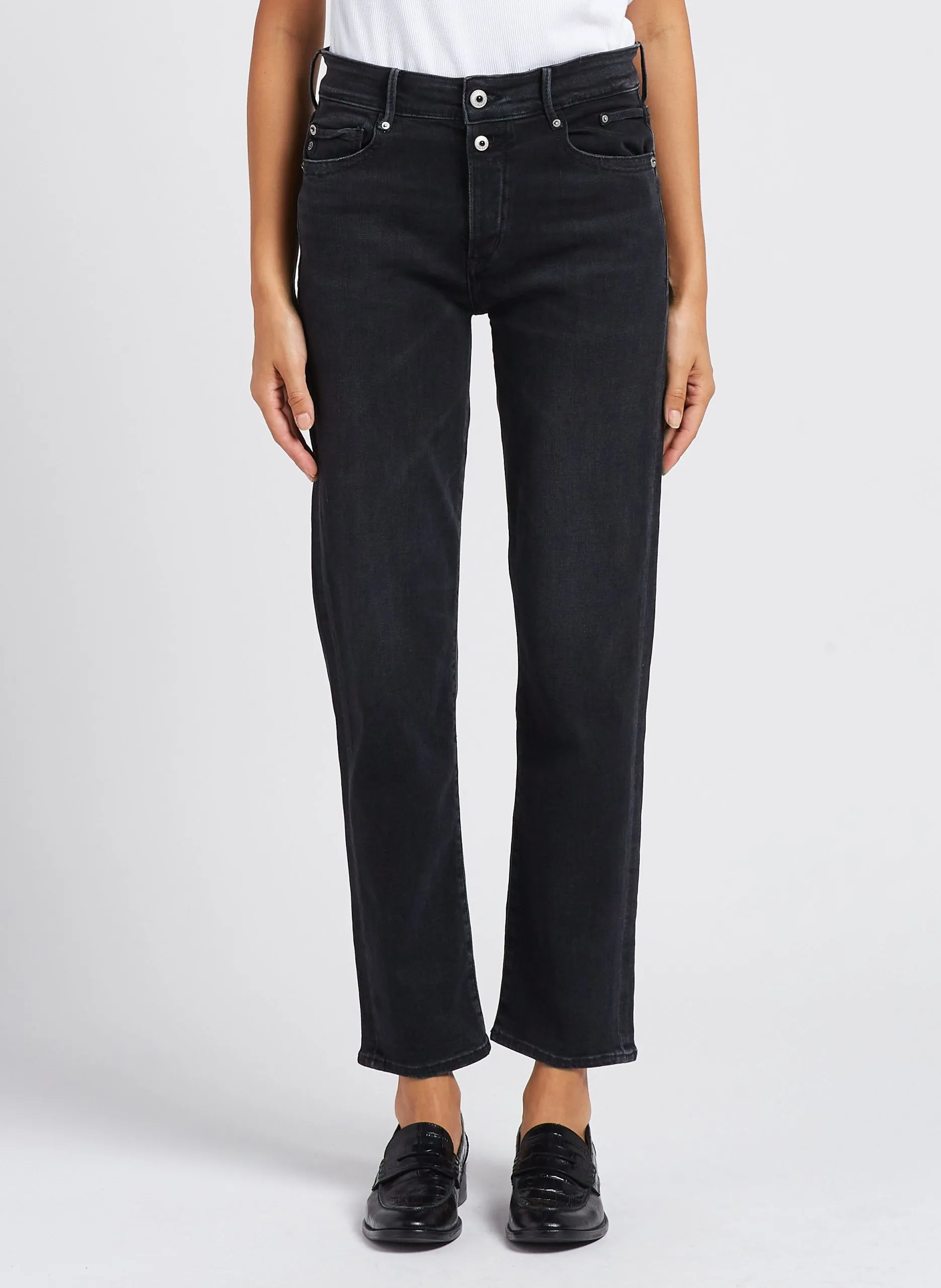 High Waist Mom Jeans aus Baumwoll-Mix in Stone-Washed-Optik Schwarz 400/18