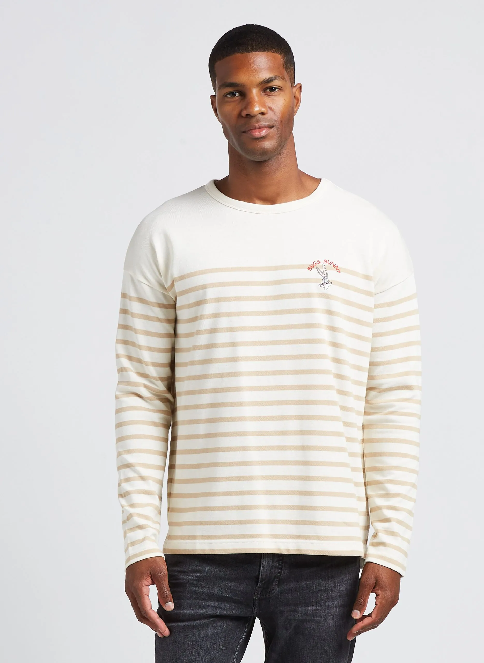 Gestreiftes Rundhals-T-Shirt aus Bio-Baumwolle Weiss MONTPAR BUGS BUNNY