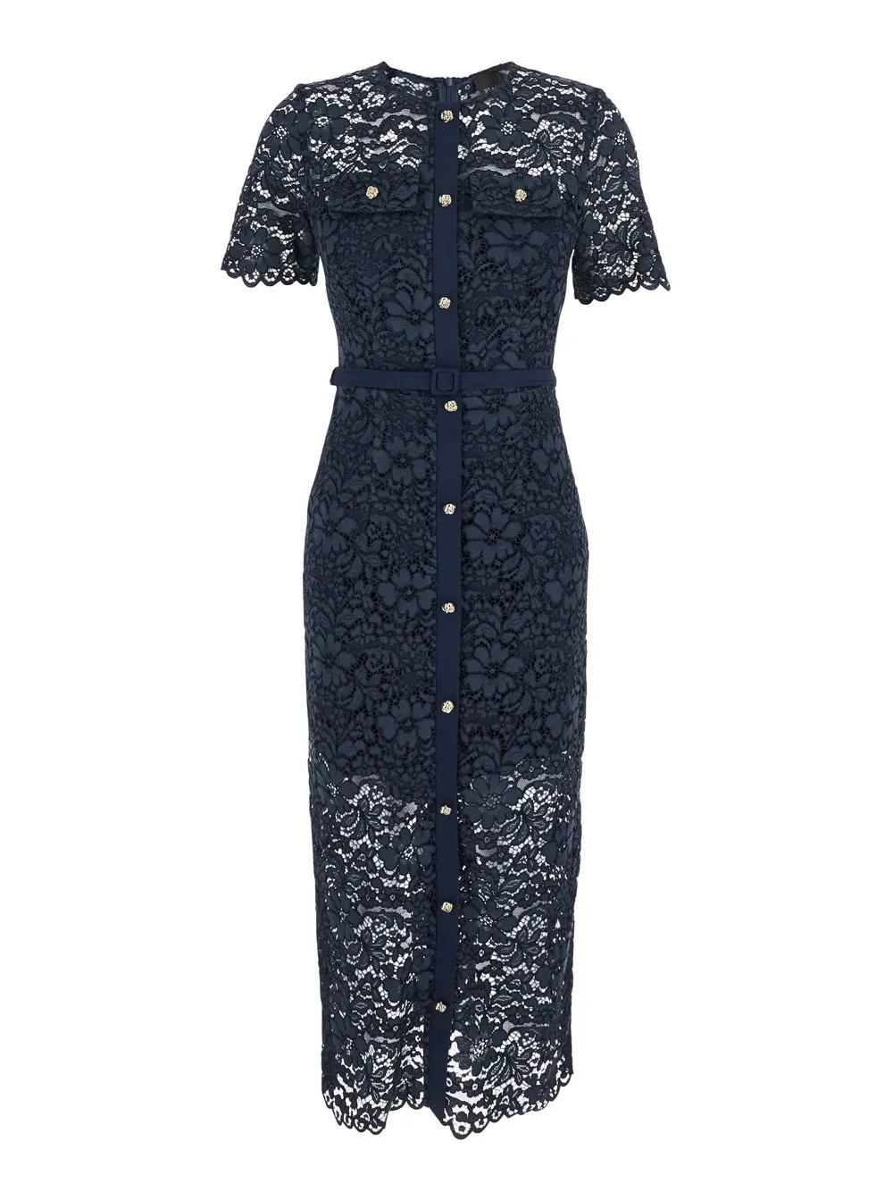 Blaues Kleid mit Rundhalsausschnitt und All-over Spitzenstickerei aus Baumwollmischung Damen