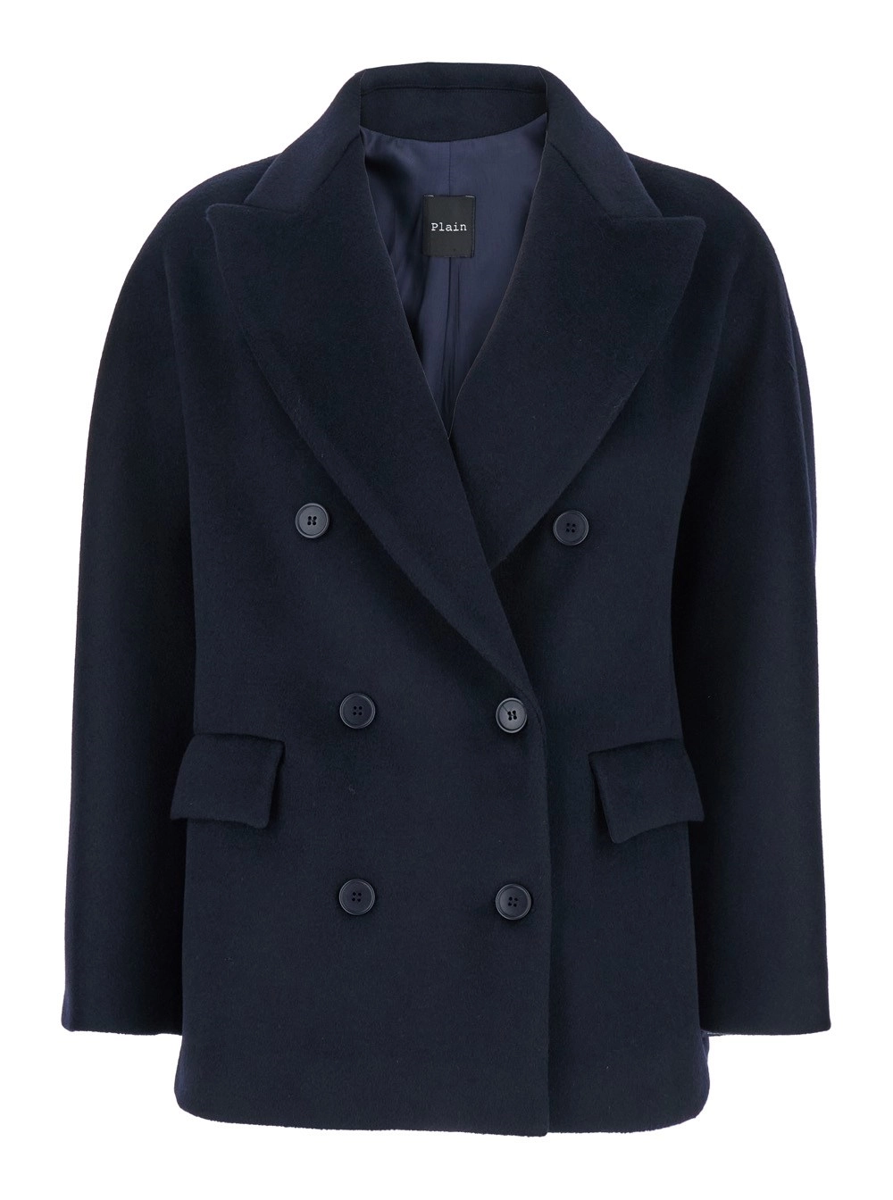 Blaue zweireihige Jacke mit Schirm aus Wolle Damen