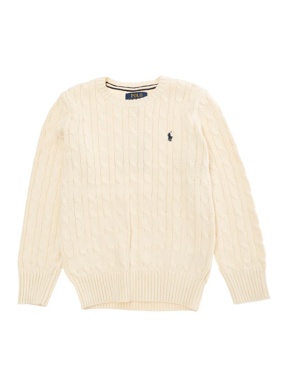 Beigefarbener Zopfstrickpullover mit Pony-Stickerei in Strickjungen