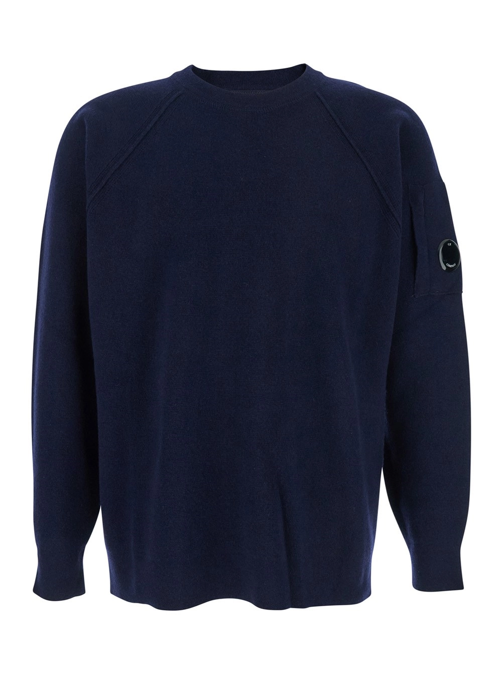 Blauer Pullover mit Rundhalsausschnitt und Kompass-Logo am Ärmel aus Wollmischung Herren