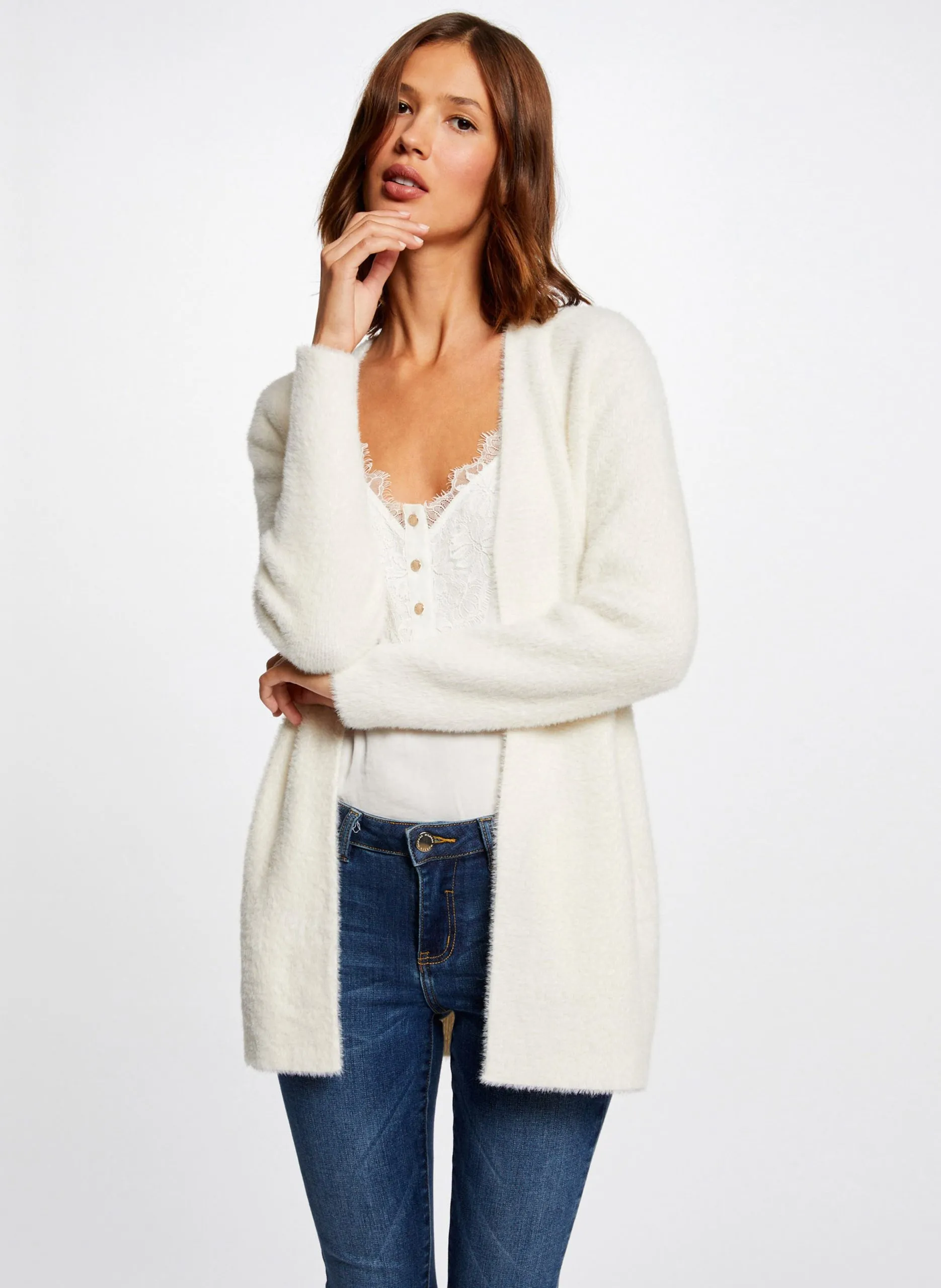 Lange Strickjacke aus Kunstpelz Schwarz 222-MLOUIS