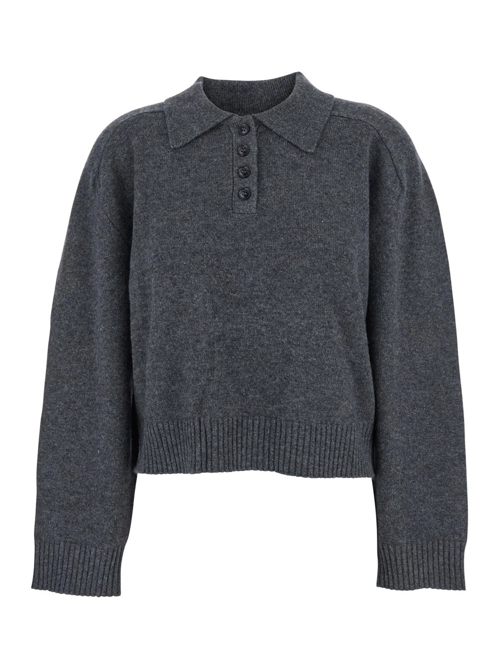 Grauer Pullover mit klassischem Kragen und gerippten Details aus Kaschmir Damen