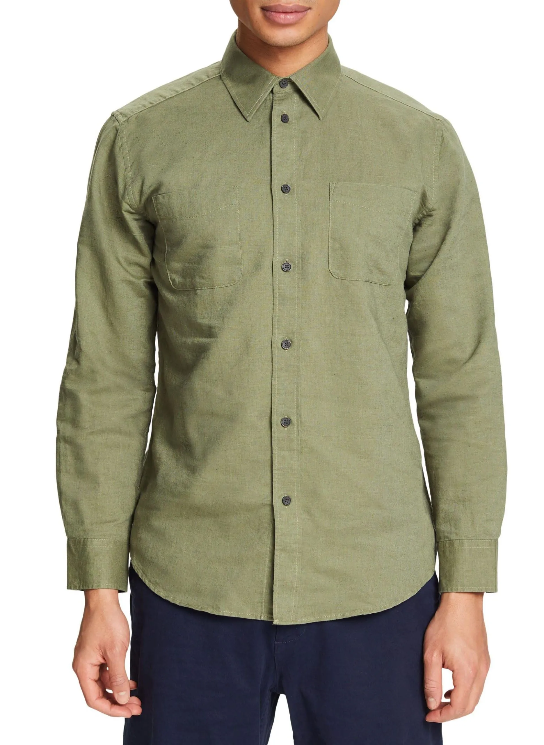 Gerade geschnittenes Hemd aus Leinen und Baumwoll-Mix mit klassischem Kragen Khaki