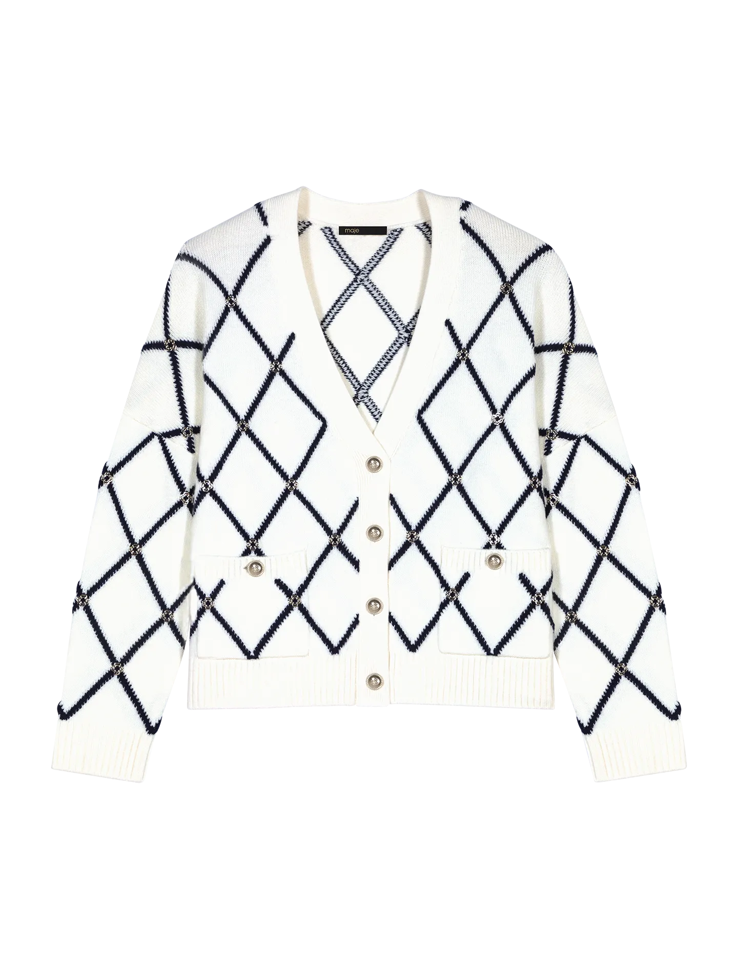 Gerade geschnittene Strickjacke mit V-Ausschnitt und Print Beige