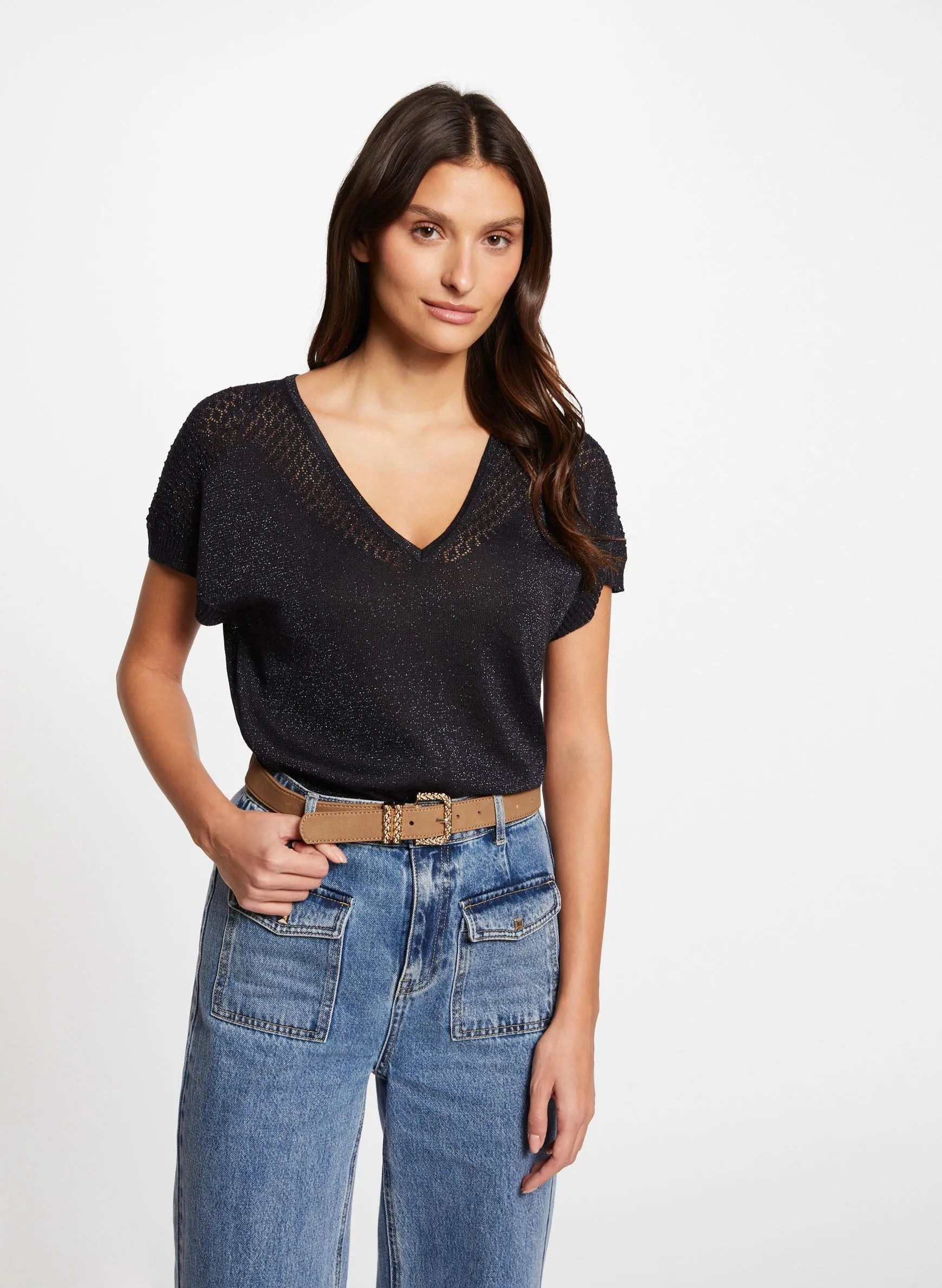 Ajour-T-Shirt mit V-Ausschnitt und Metallic-Fasern Blau 241-MFIRENZ