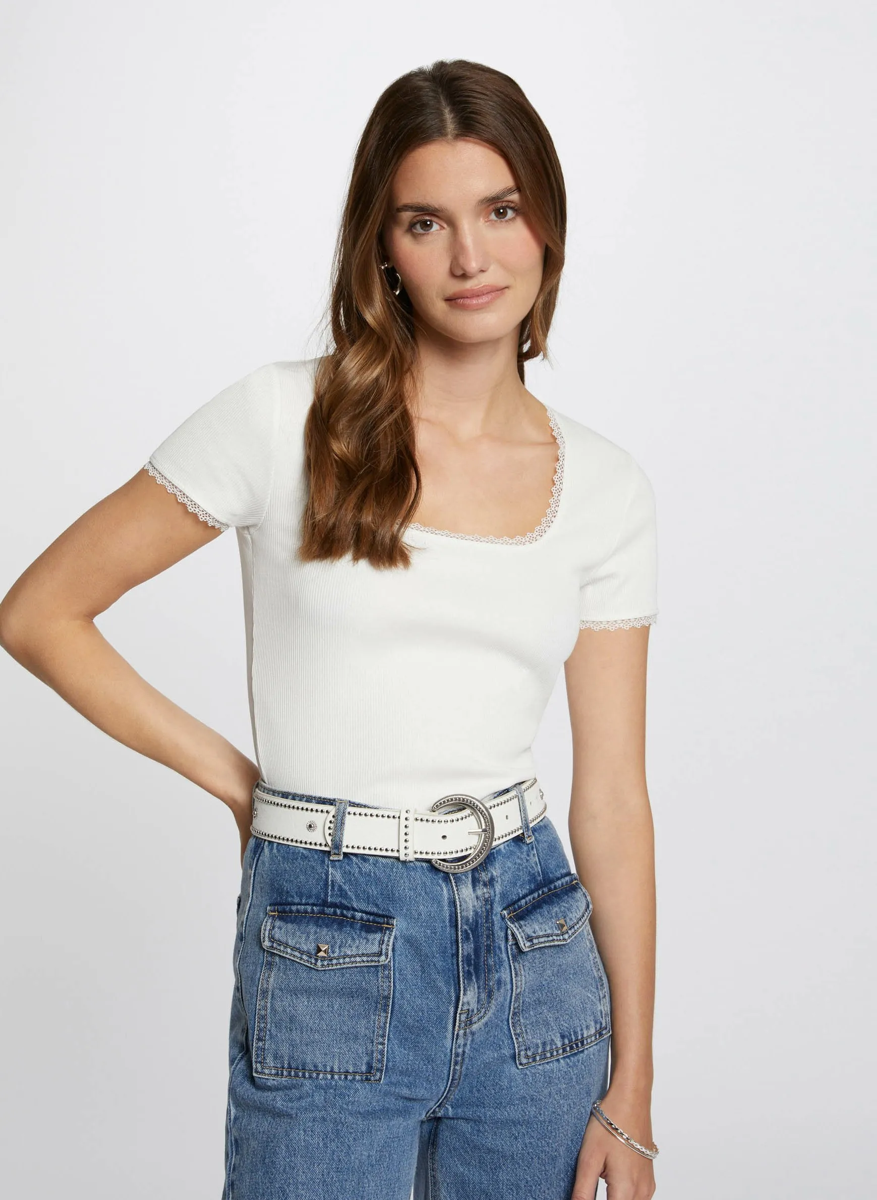 Spitzen-T-Shirt aus Baumwoll-Mix Beige 232-DLUBI