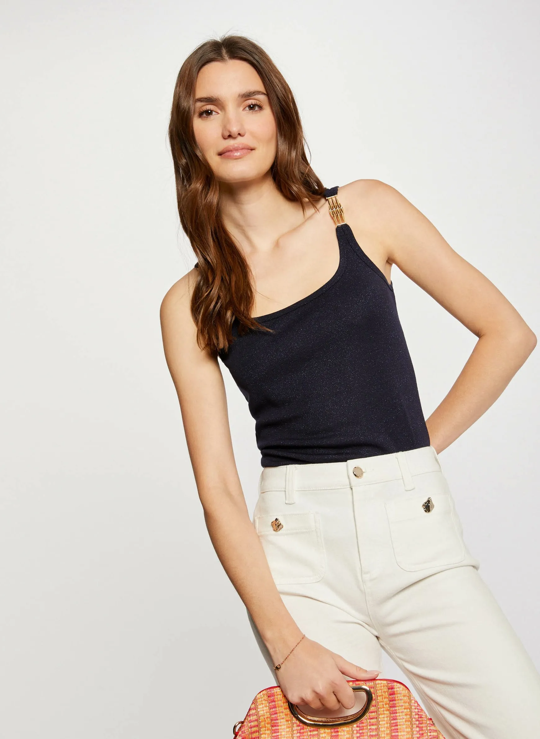 Tanktop mit schmalen Trägern in Metallic-Optik Blau 241-DIDO1